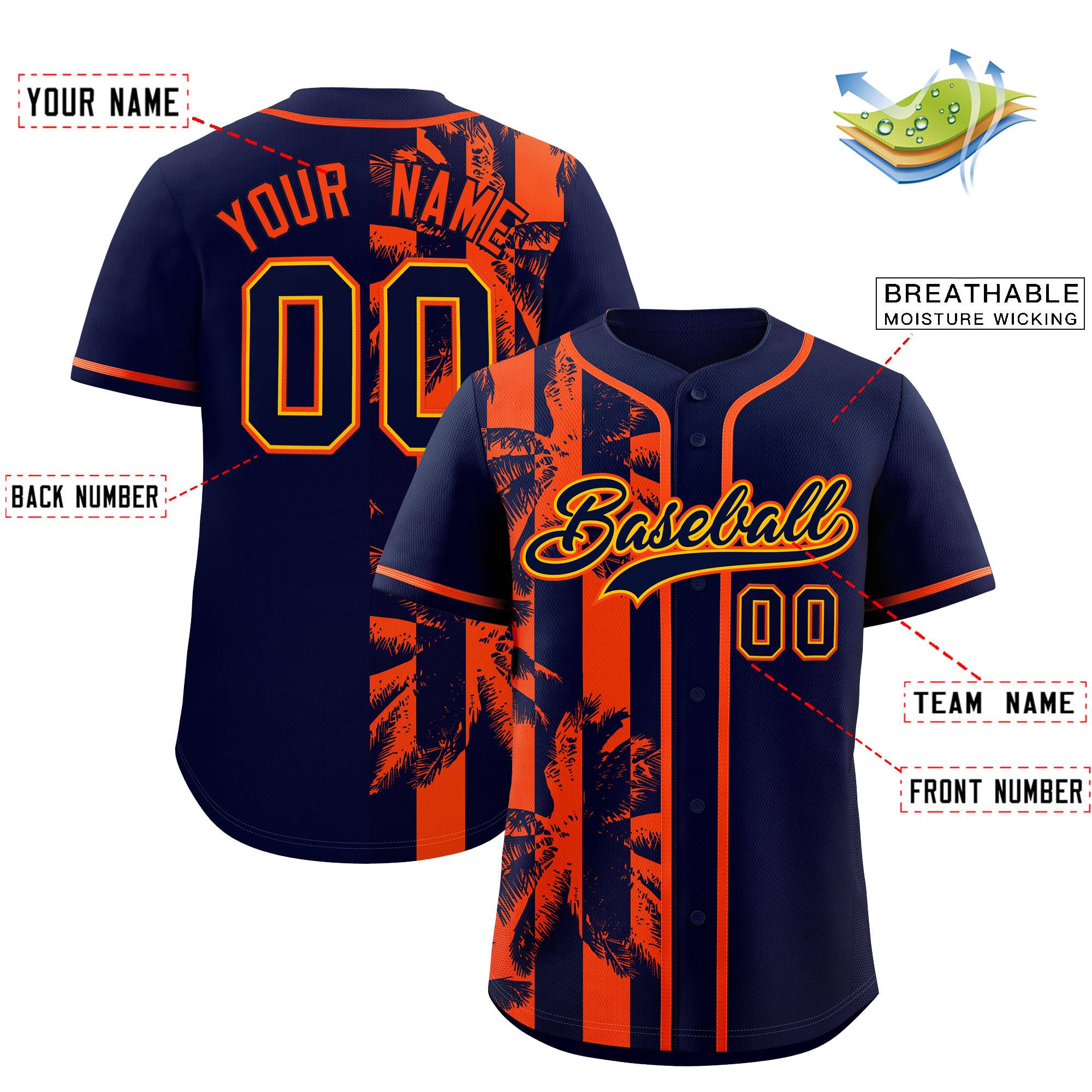Custom Navy Orange Split Fashion Coconut Tree Design Authentic Baseball Jersey| KXKSHOP
