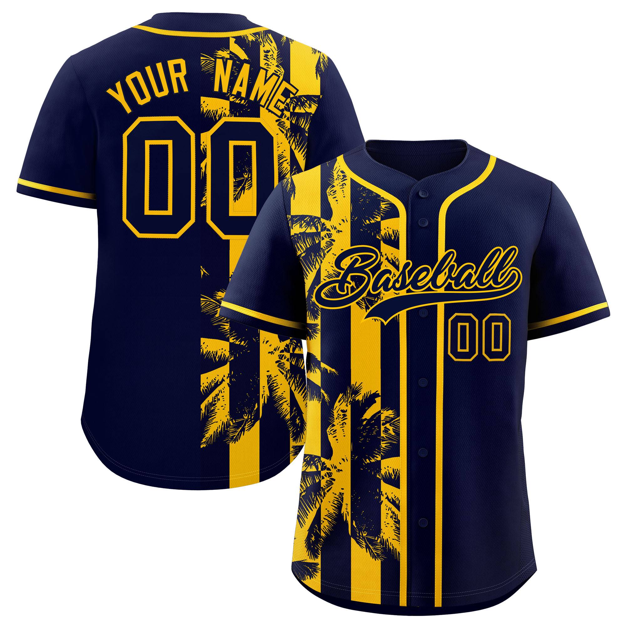 Custom Navy Yellow Split Fashion Coconut Tree Design Authentic Baseball Jersey| KXKSHOP