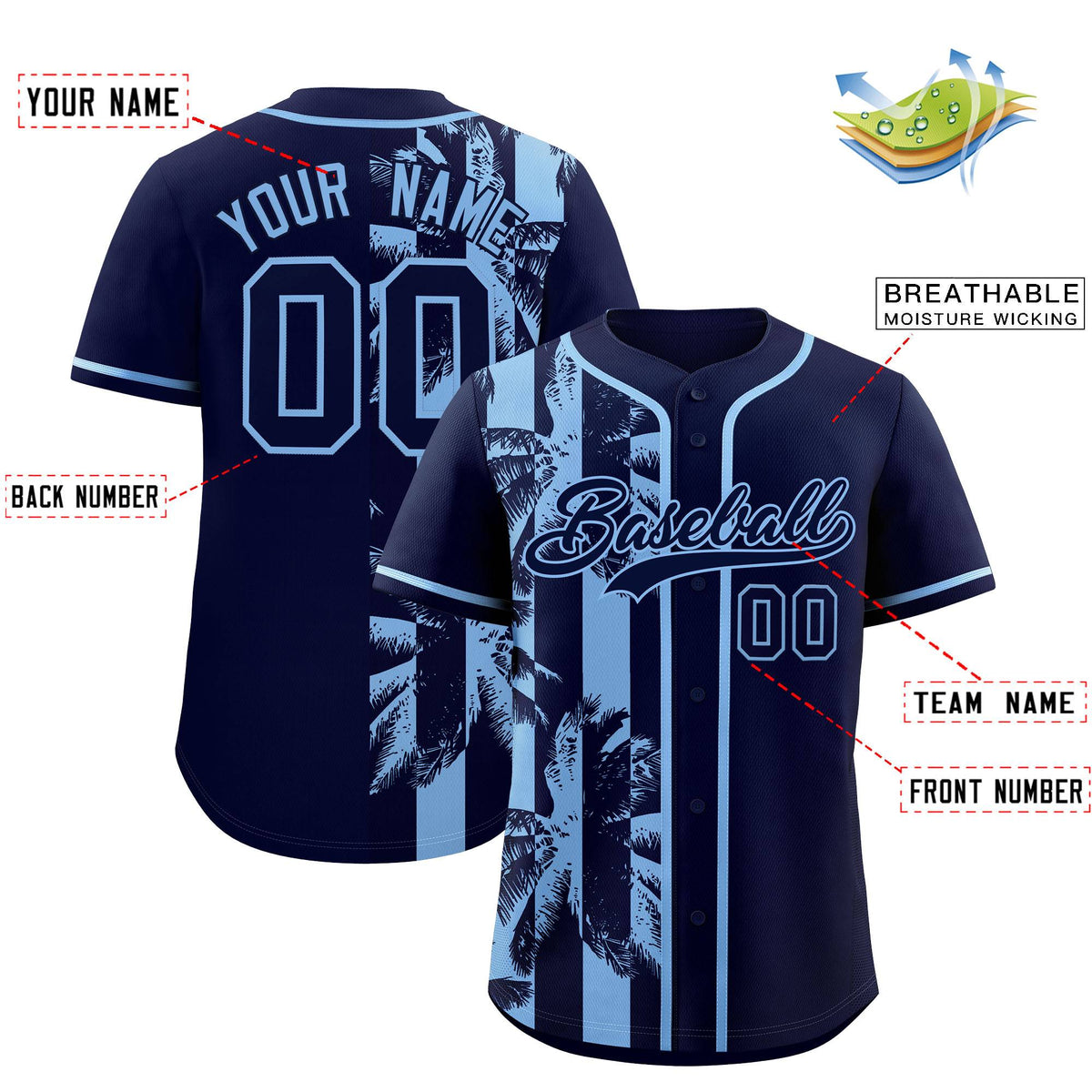 Custom Navy Powder Blue Split Fashion Coconut Tree Design Authentic Baseball Jersey| KXKSHOP
