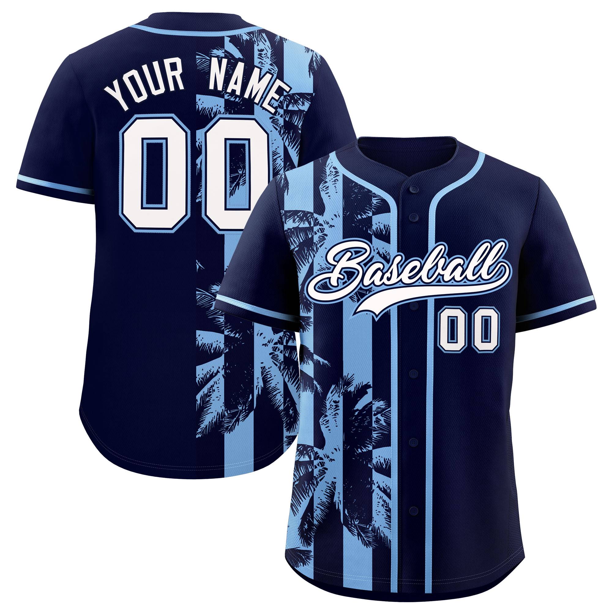 Custom Navy Powder Blue Split Fashion Coconut Tree Design Authentic Baseball Jersey| KXKSHOP