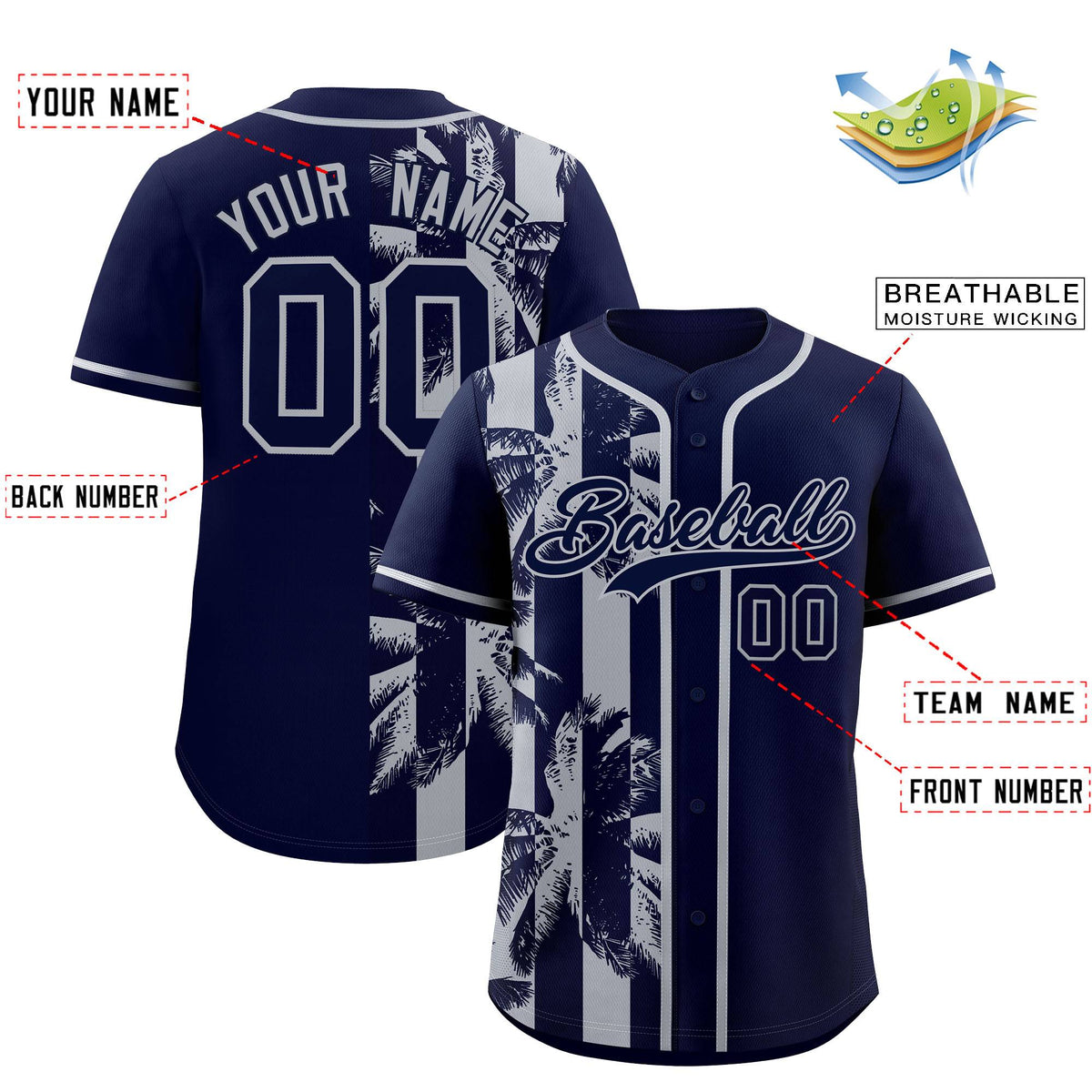 Custom Navy Gray Split Fashion Coconut Tree Design Authentic Baseball Jersey| KXKSHOP