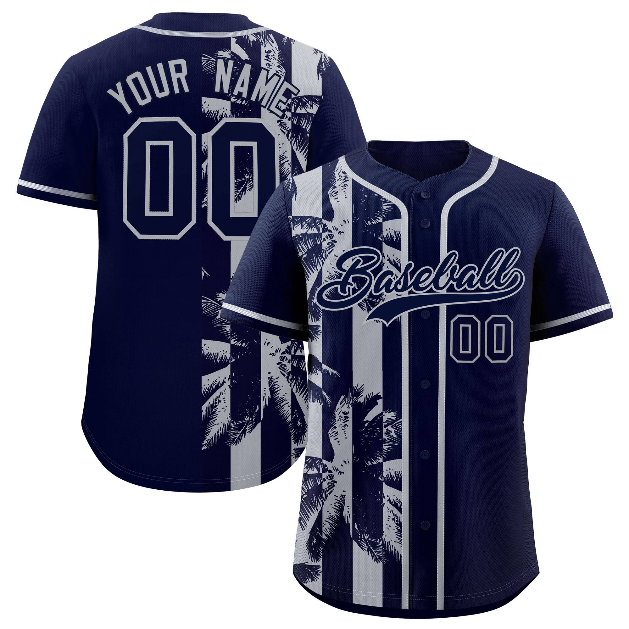 Custom Navy Gray Split Fashion Coconut Tree Design Authentic Baseball Jersey| KXKSHOP