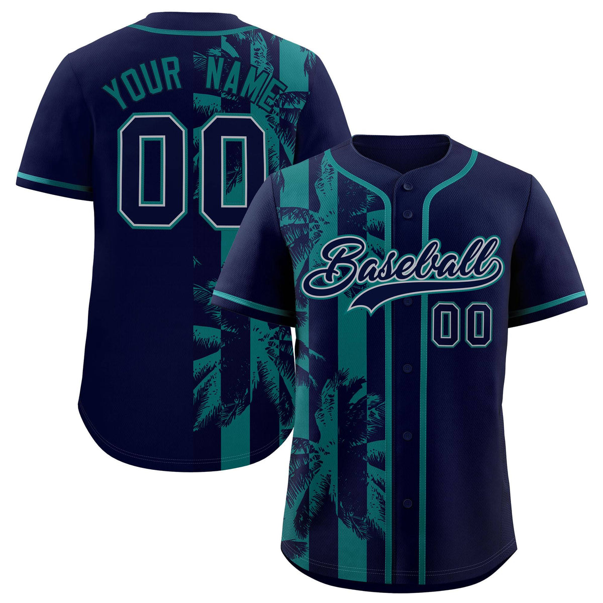 Custom Navy Aqua Split Fashion Coconut Tree Design Authentic Baseball Jersey| KXKSHOP