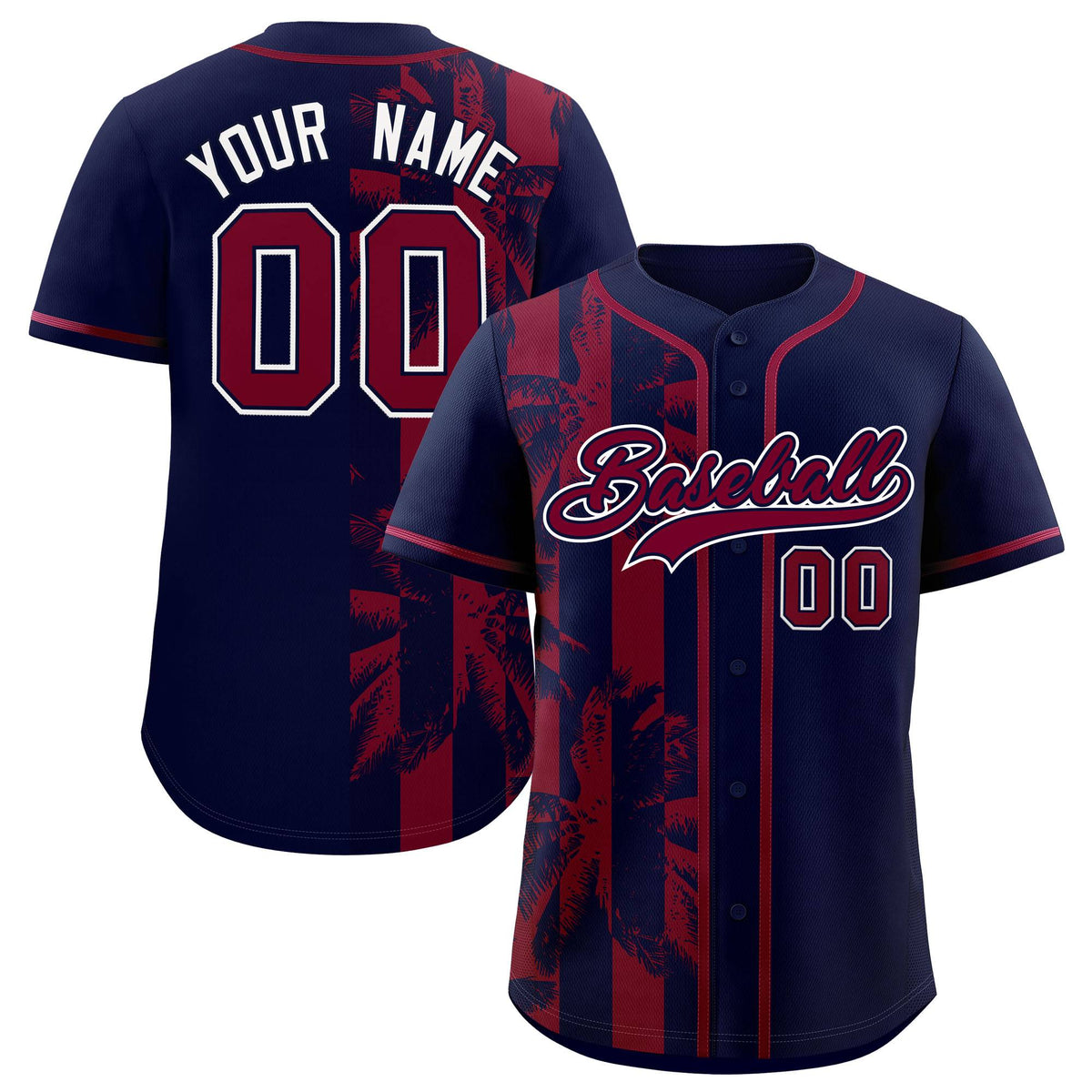 Custom Navy Crimson Split Fashion Coconut Tree Design Authentic Baseball Jersey| KXKSHOP