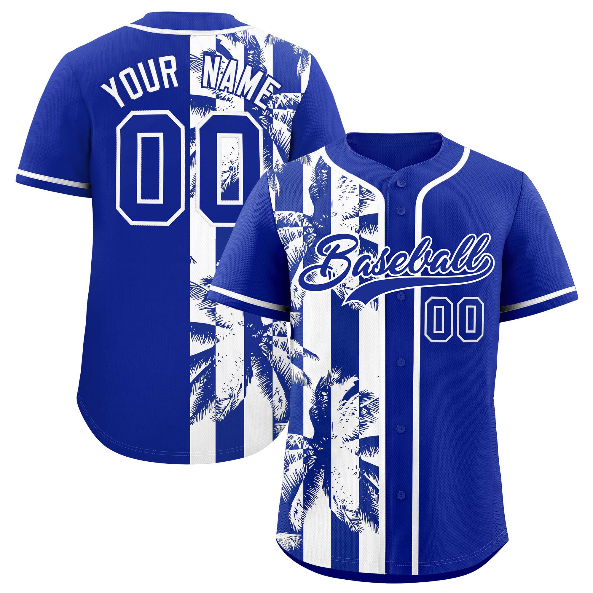 Custom Royal White Split Fashion Coconut Tree Design Authentic Baseball Jersey| KXKSHOP