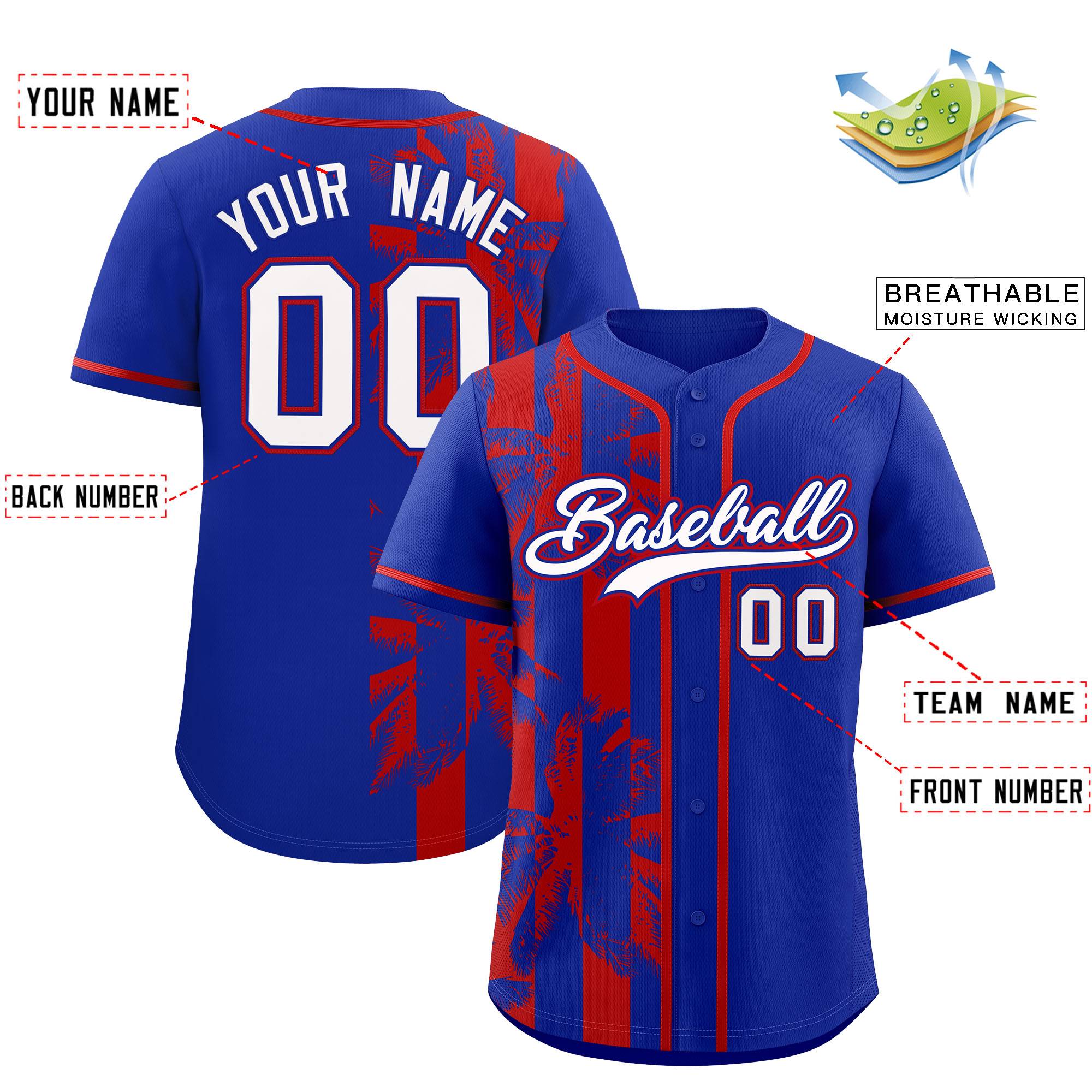Custom Royal Red Split Fashion Coconut Tree Design Authentic Baseball Jersey| KXKSHOP