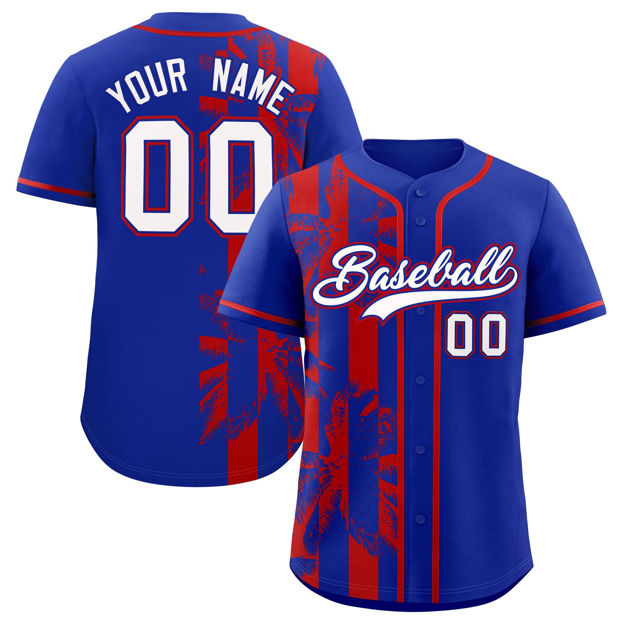 Custom Royal Red Split Fashion Coconut Tree Design Authentic Baseball Jersey| KXKSHOP