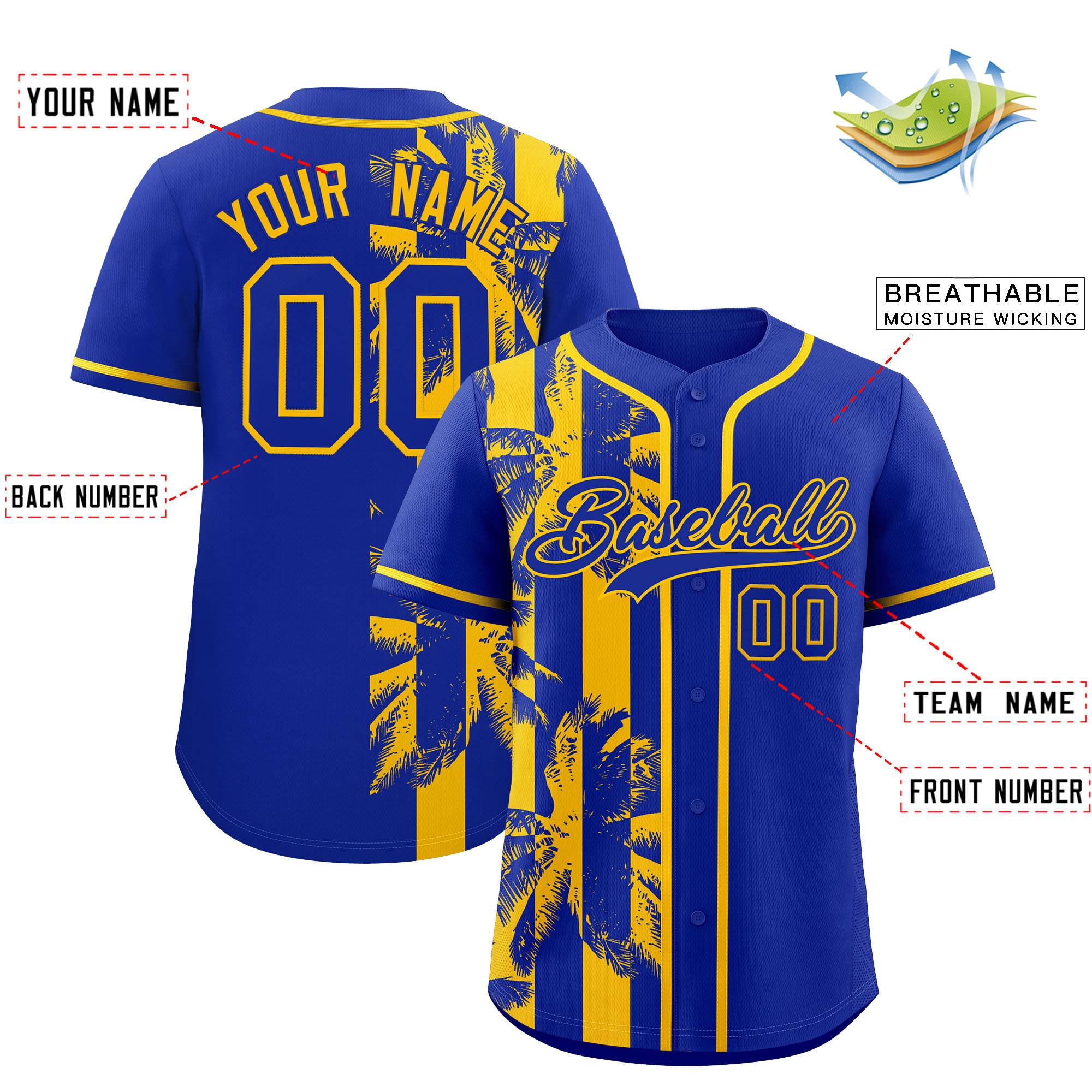 Custom Royal Yellow Split Fashion Coconut Tree Design Authentic Baseball Jersey| KXKSHOP