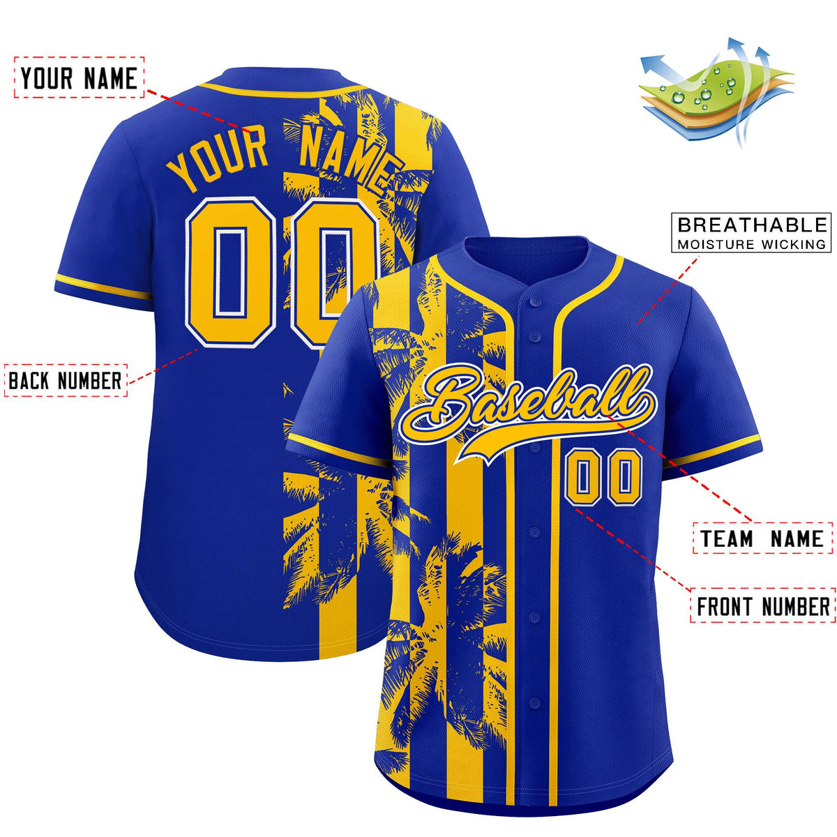 Custom Royal Yellow Split Fashion Coconut Tree Design Authentic Baseball Jersey| KXKSHOP