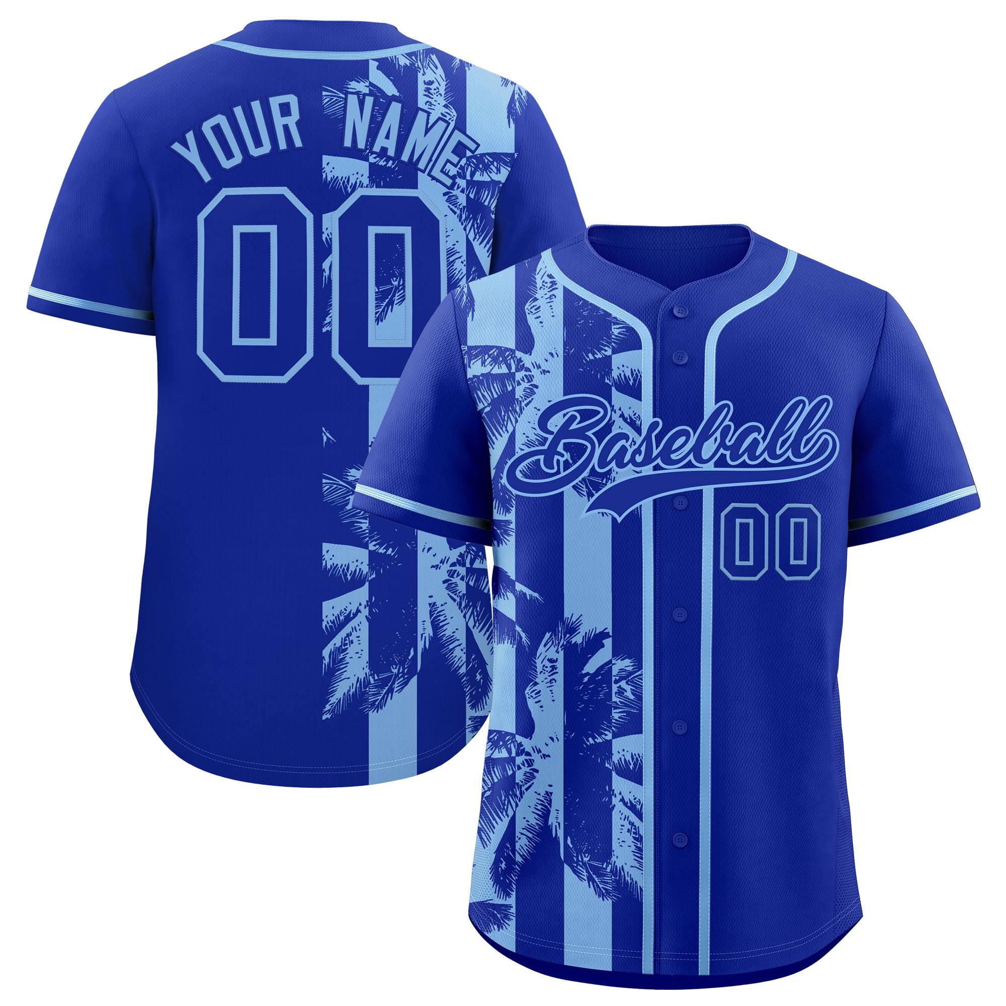 Custom Royal Powder Blue Split Fashion Coconut Tree Design Authentic Baseball Jersey| KXKSHOP