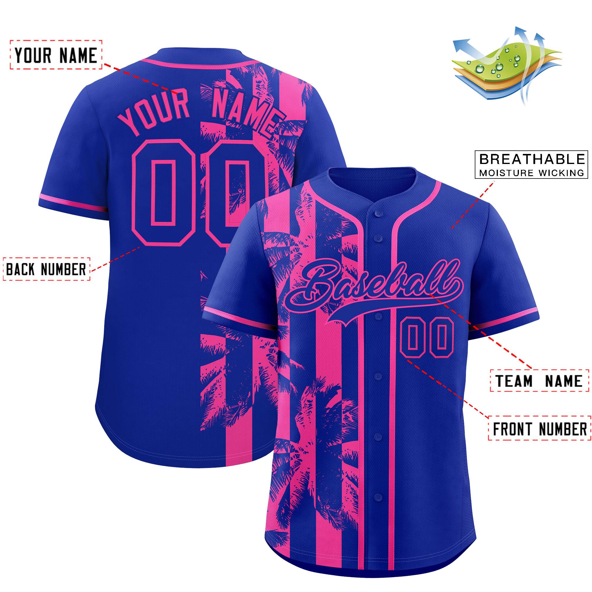 Custom Royal Pink Split Fashion Coconut Tree Design Authentic Baseball Jersey| KXKSHOP