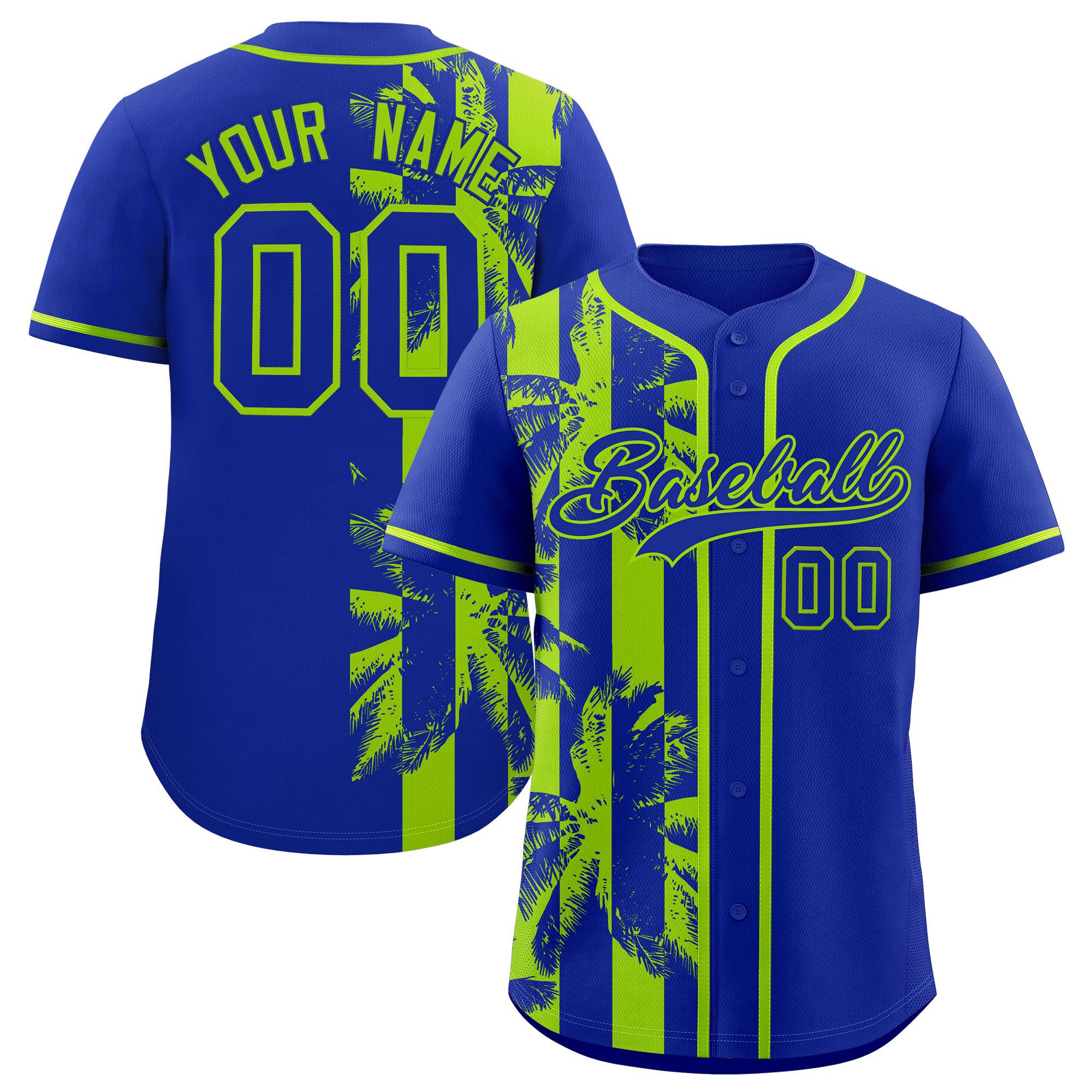 Custom Royal Neon Green Split Fashion Coconut Tree Design Authentic Baseball Jersey| KXKSHOP
