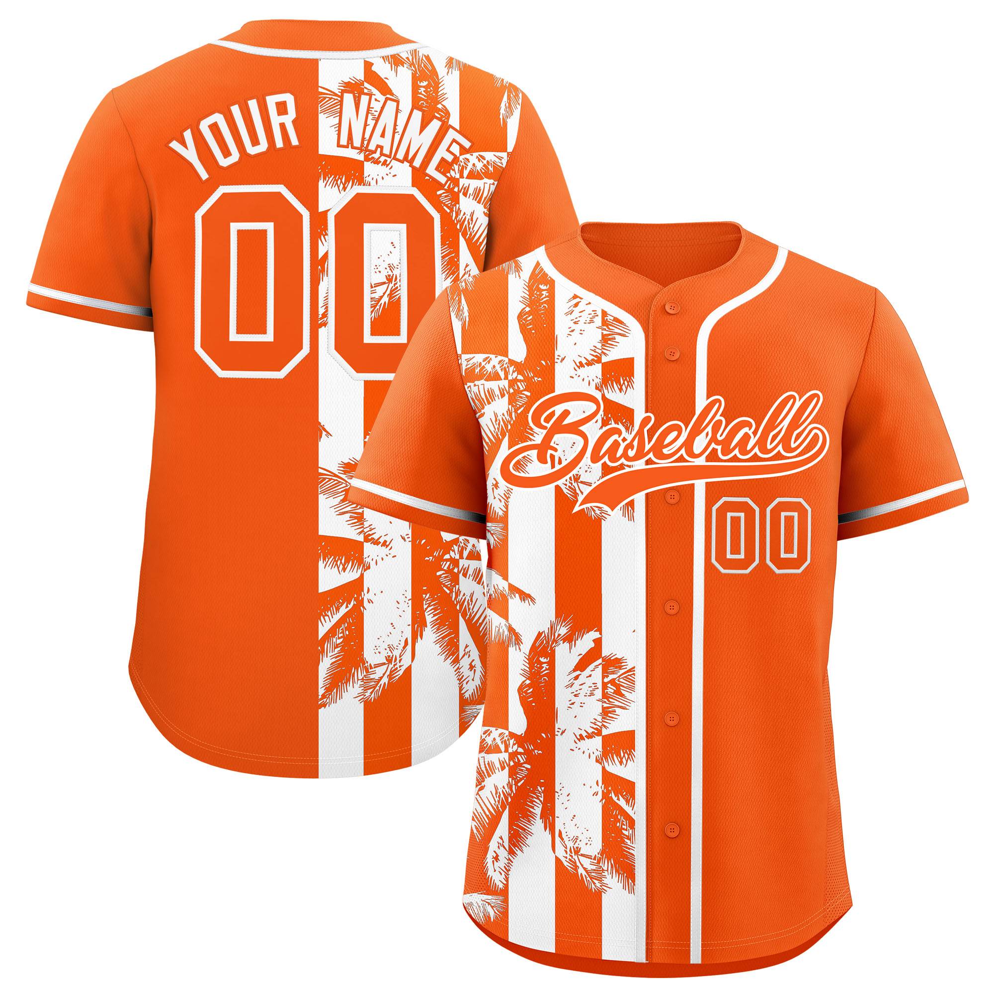 Custom Orange White Split Fashion Coconut Tree Design Authentic Baseball Jersey| KXKSHOP