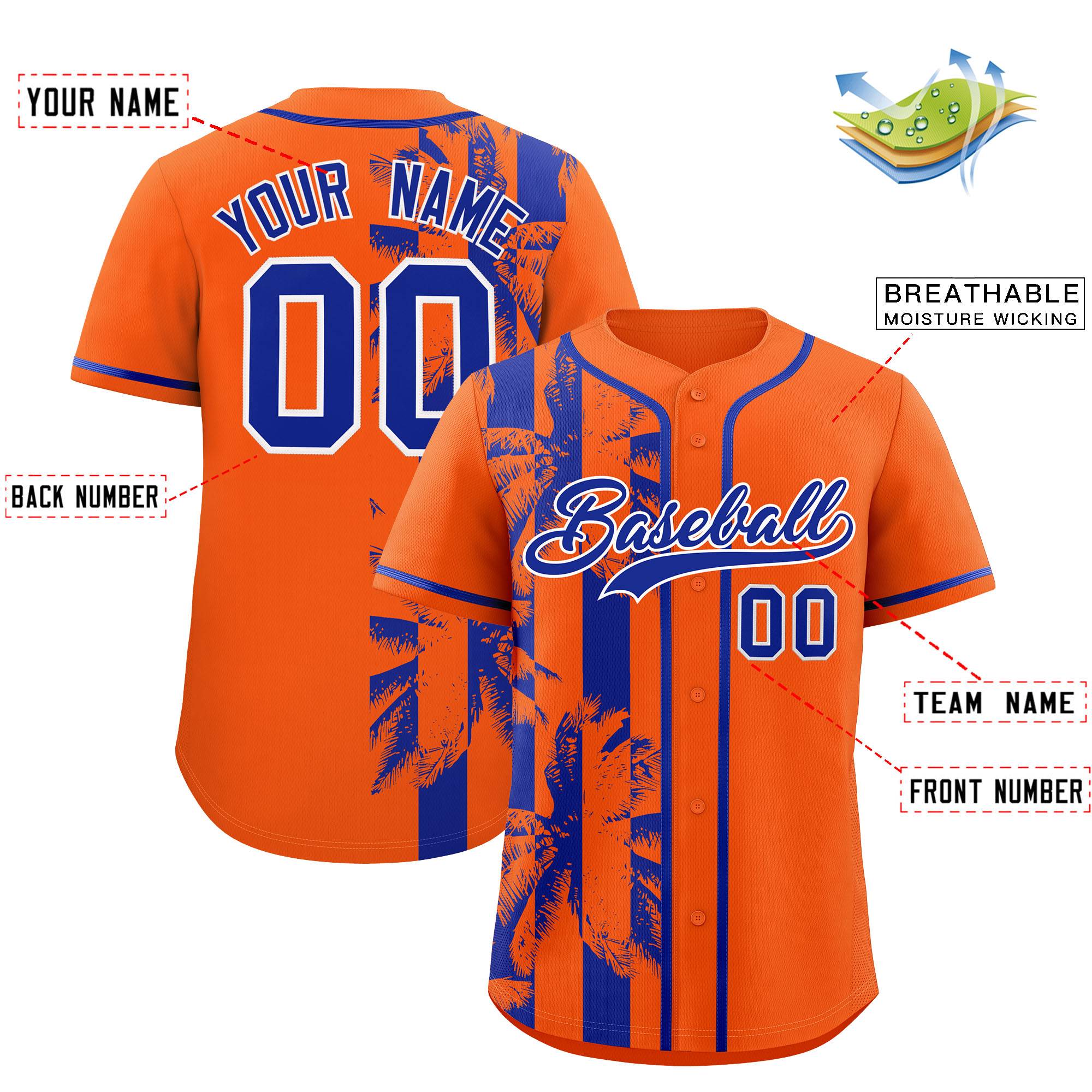 Custom Orange Royal Split Fashion Coconut Tree Design Authentic Baseball Jersey| KXKSHOP