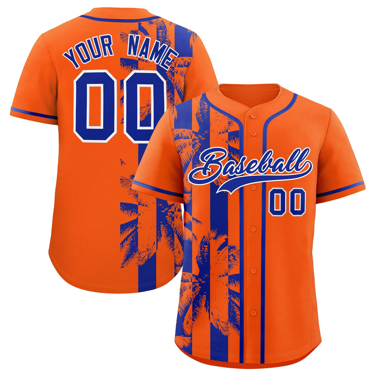 Custom Orange Royal Split Fashion Coconut Tree Design Authentic Baseball Jersey| KXKSHOP