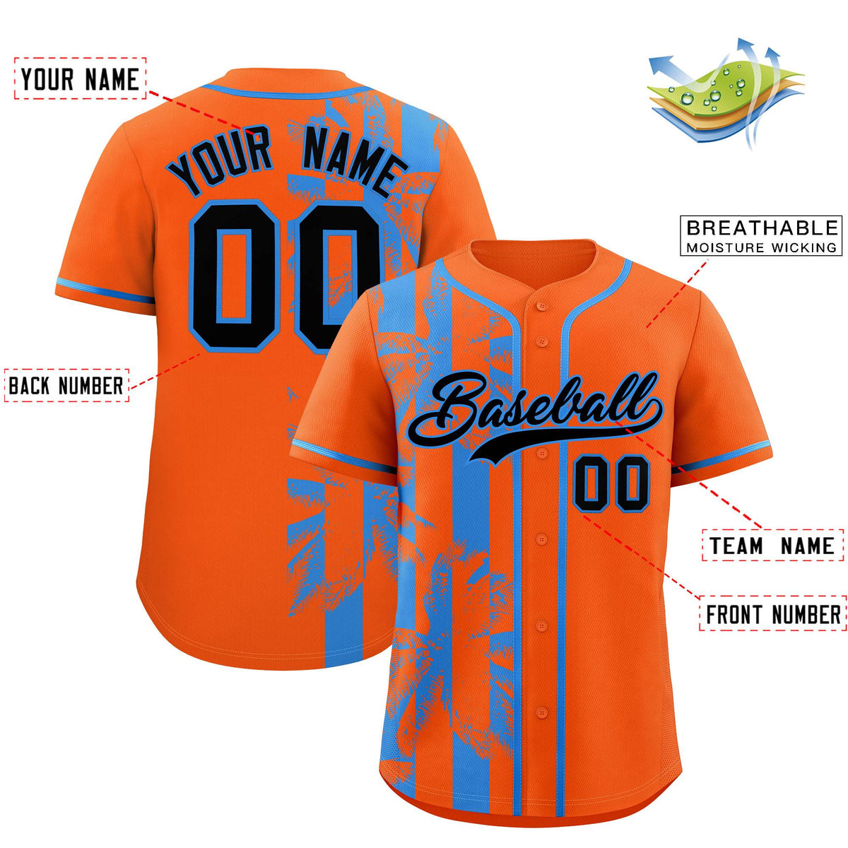 Custom Orange Powder Blue Split Fashion Coconut Tree Design Authentic Baseball Jersey| KXKSHOP