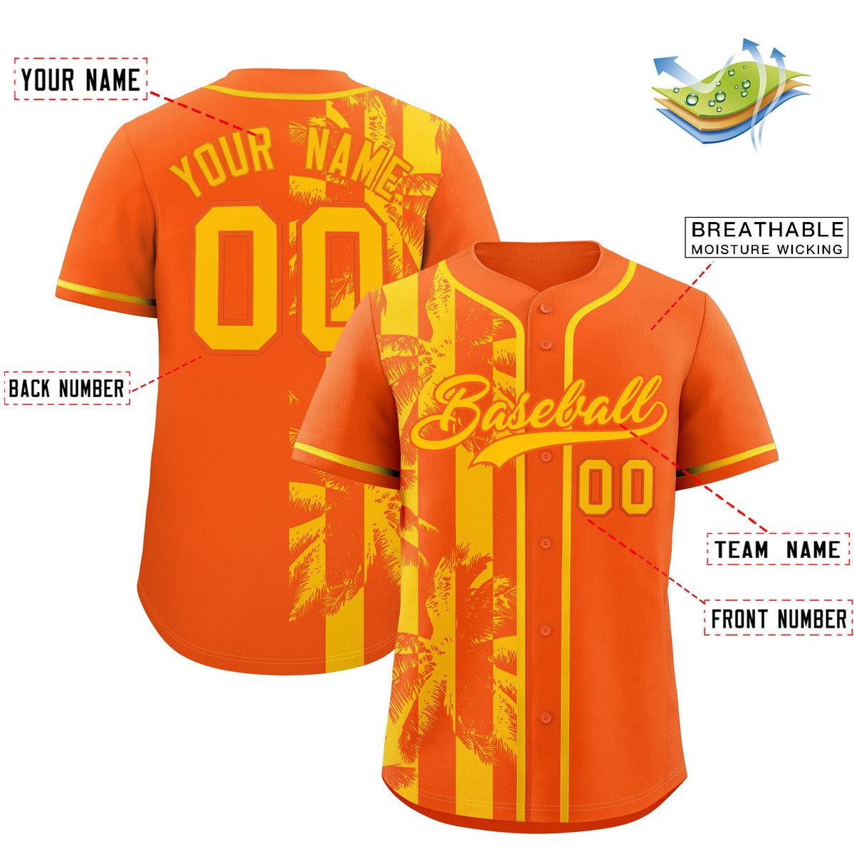 Custom Orange Yellow Split Fashion Coconut Tree Design Authentic Baseball Jersey| KXKSHOP