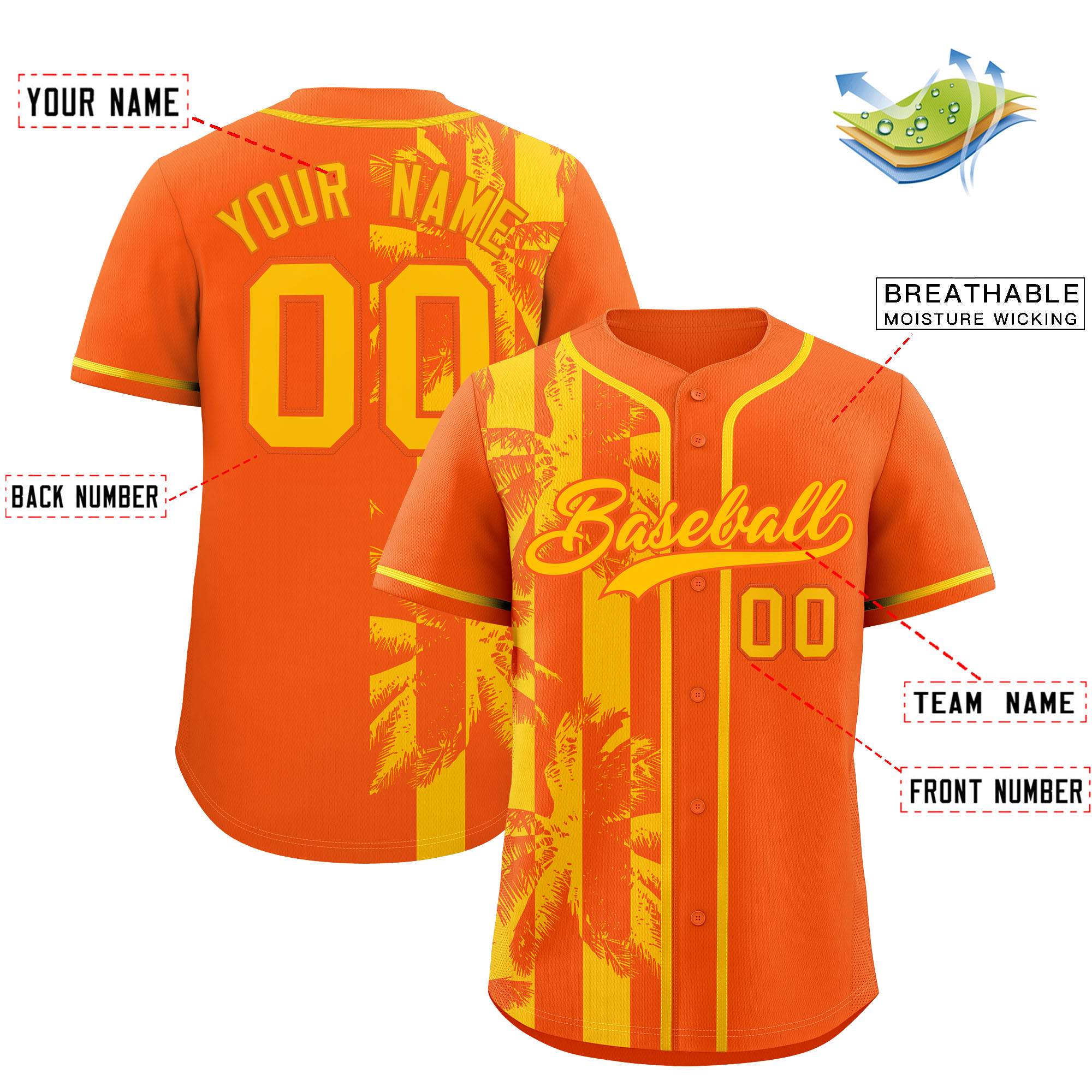 Custom Orange Yellow Split Fashion Coconut Tree Design Authentic Baseball Jersey| KXKSHOP