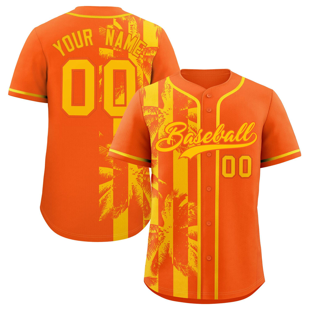 Custom Orange Yellow Split Fashion Coconut Tree Design Authentic Baseball Jersey| KXKSHOP
