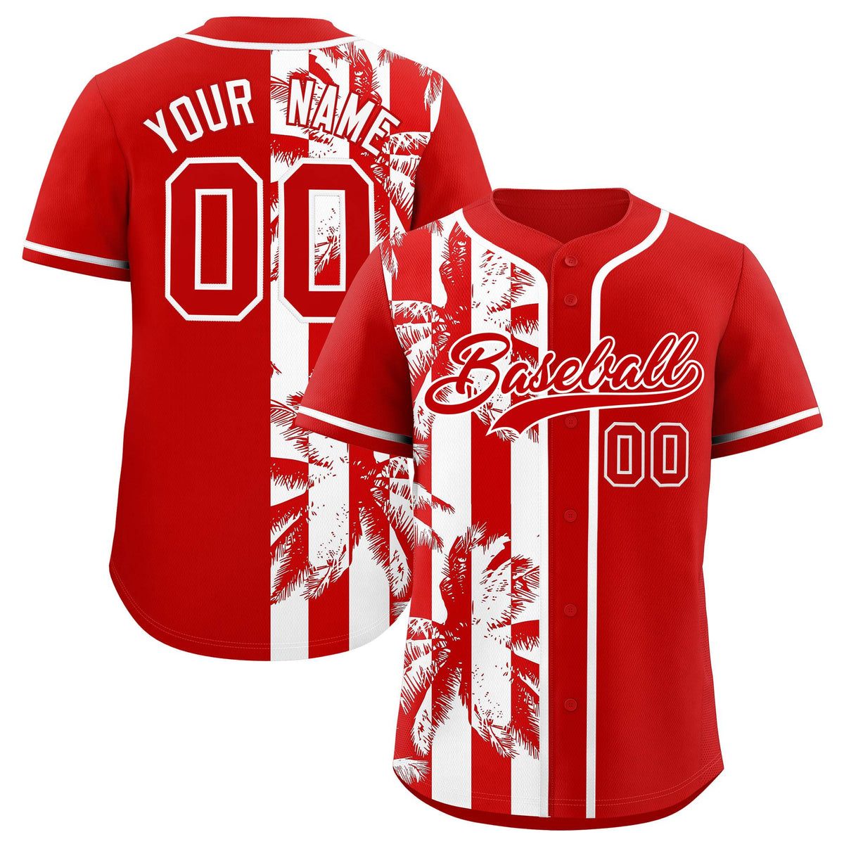 Custom Red White Split Fashion Coconut Tree Design Authentic Baseball Jersey| KXKSHOP