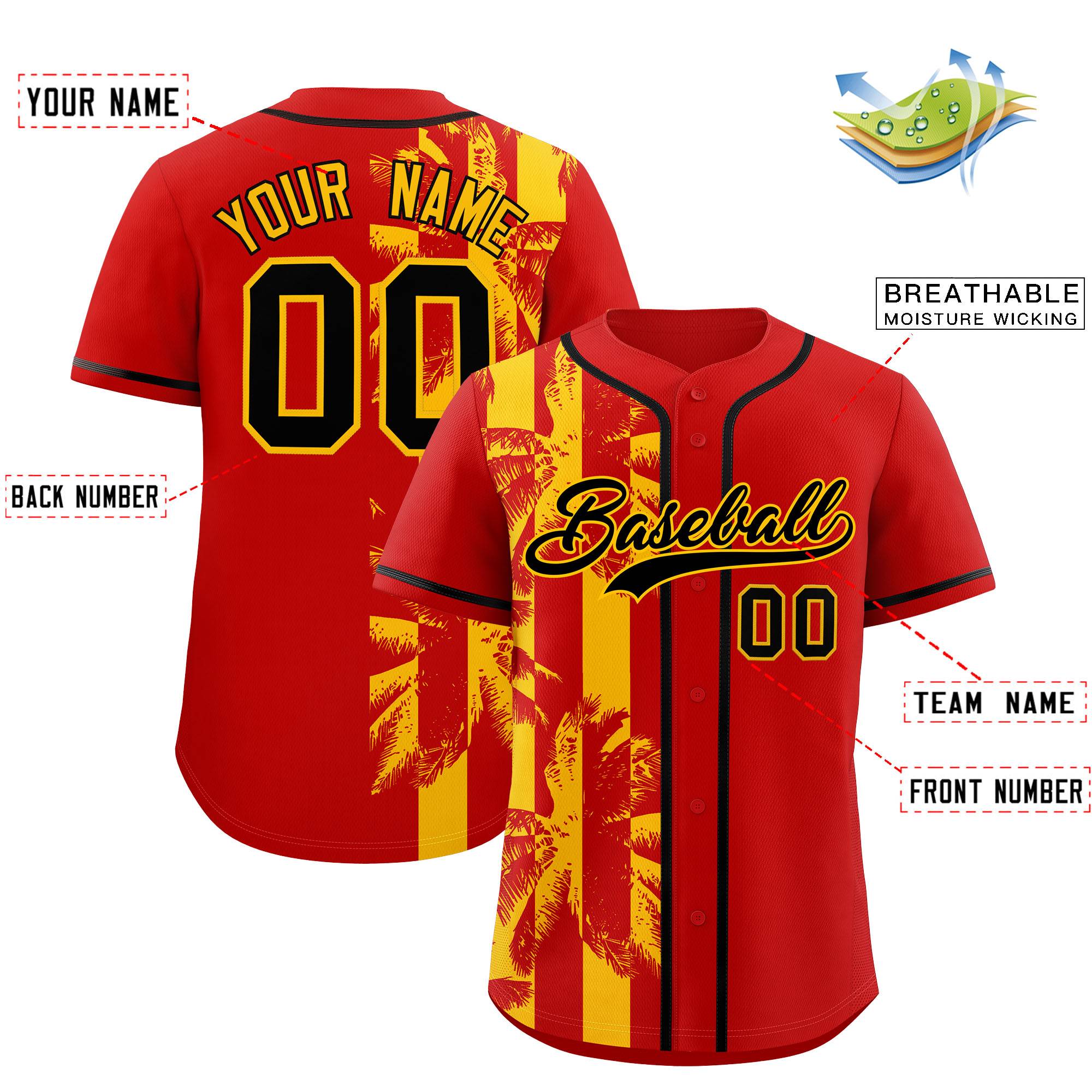 Custom Red Yellow Split Fashion Coconut Tree Design Authentic Baseball Jersey| KXKSHOP