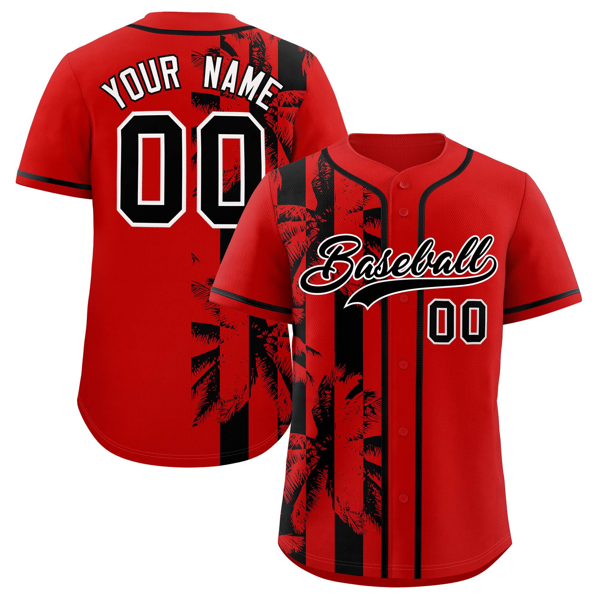 Custom Red Black Split Fashion Coconut Tree Design Authentic Baseball Jersey| KXKSHOP