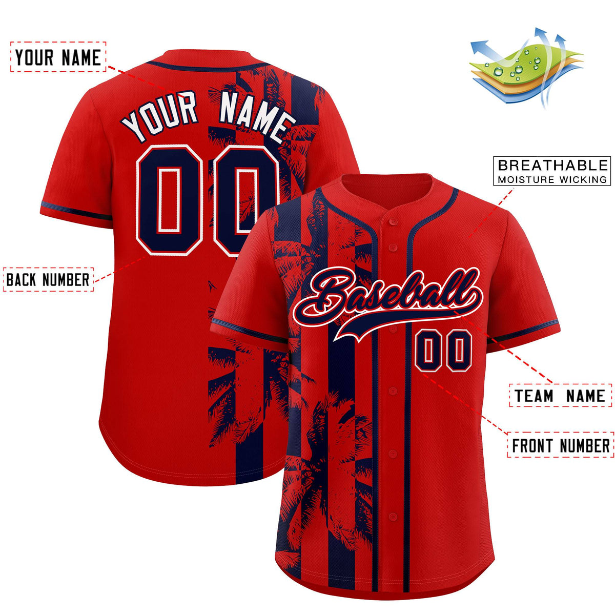Custom Red Navy Split Fashion Coconut Tree Design Authentic Baseball Jersey| KXKSHOP