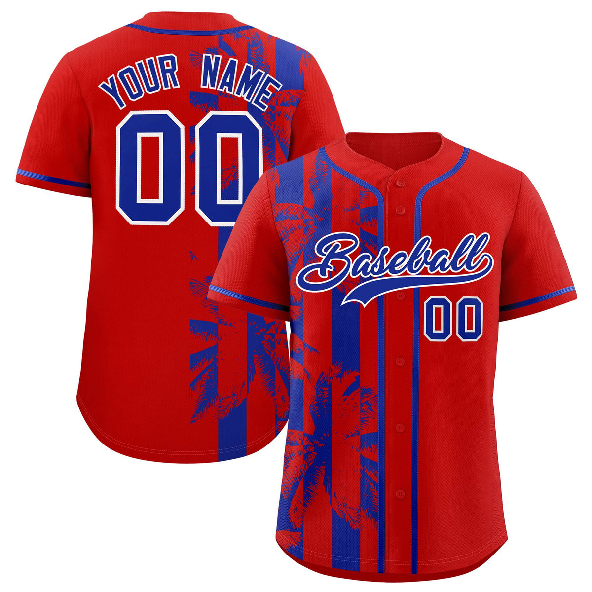Custom Red Royal Split Fashion Coconut Tree Design Authentic Baseball Jersey| KXKSHOP
