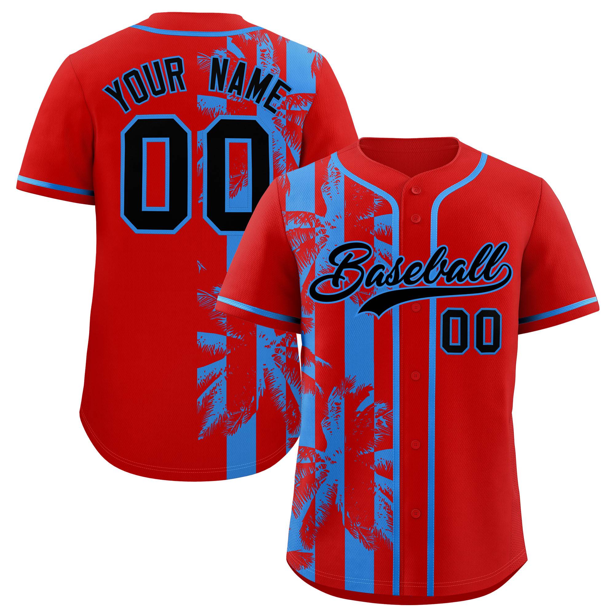 Custom Red Powder Blue Split Fashion Coconut Tree Design Authentic Baseball Jersey| KXKSHOP