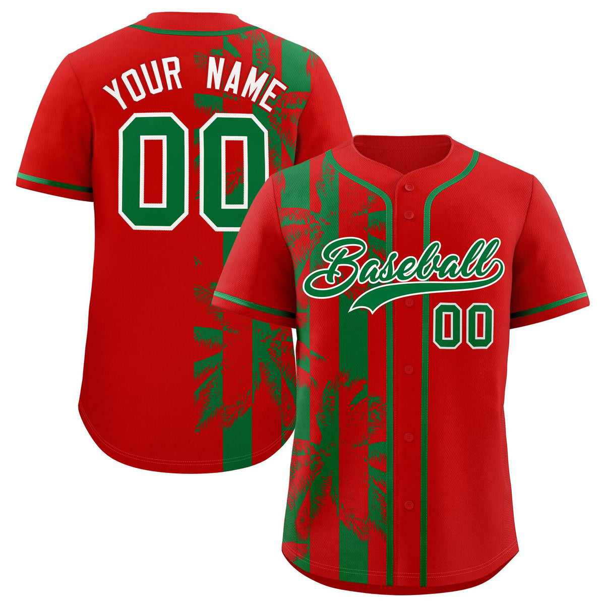 Custom Red Kelly Green Split Fashion Coconut Tree Design Authentic Baseball Jersey| KXKSHOP