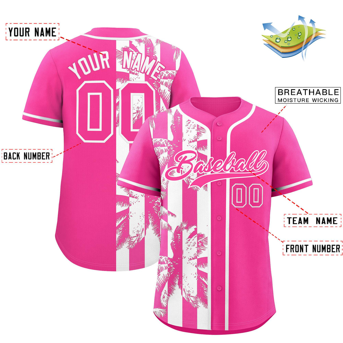Custom Pink White Split Fashion Coconut Tree Design Authentic Baseball Jersey| KXKSHOP