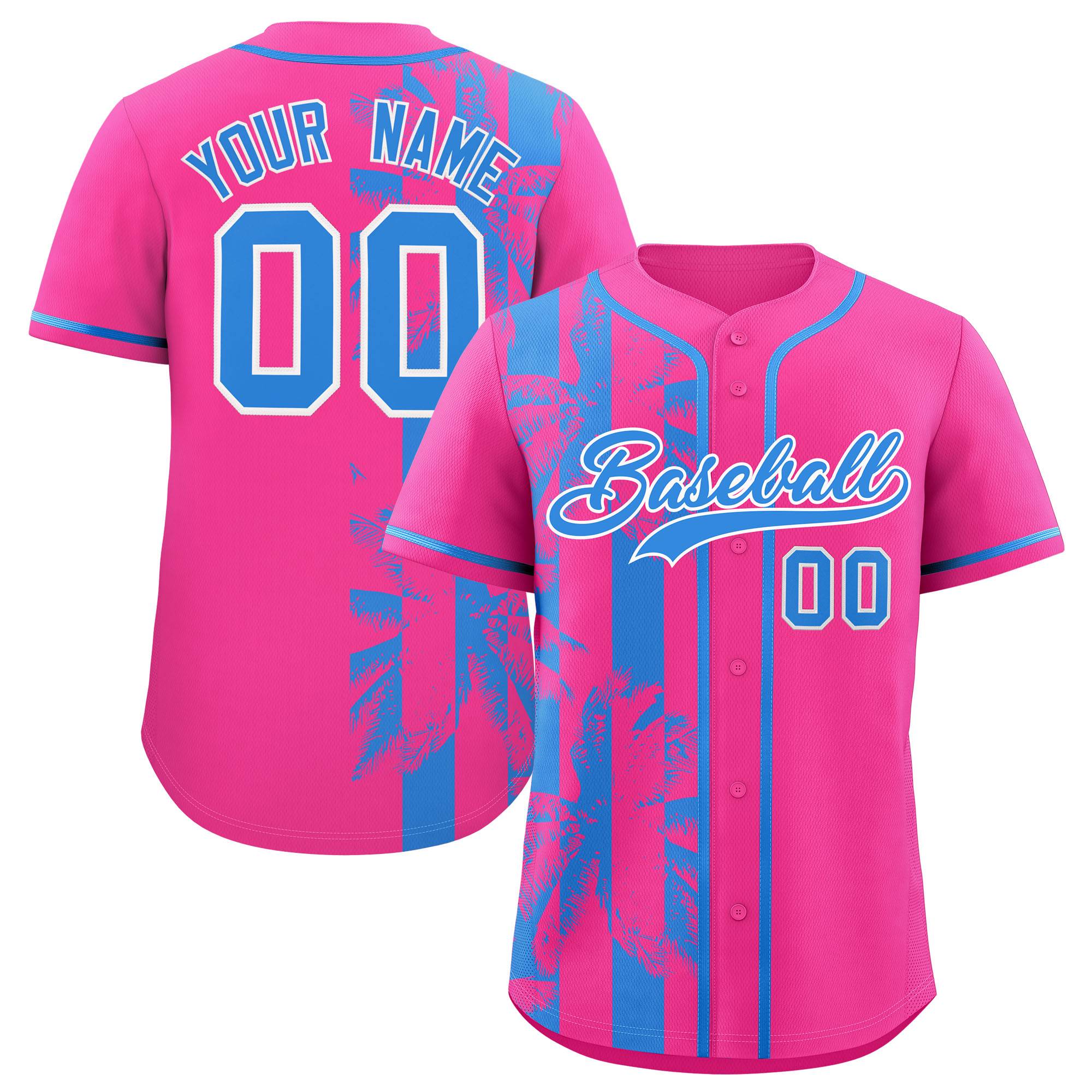 Custom Pink Powder Blue Split Fashion Coconut Tree Design Authentic Baseball Jersey| KXKSHOP