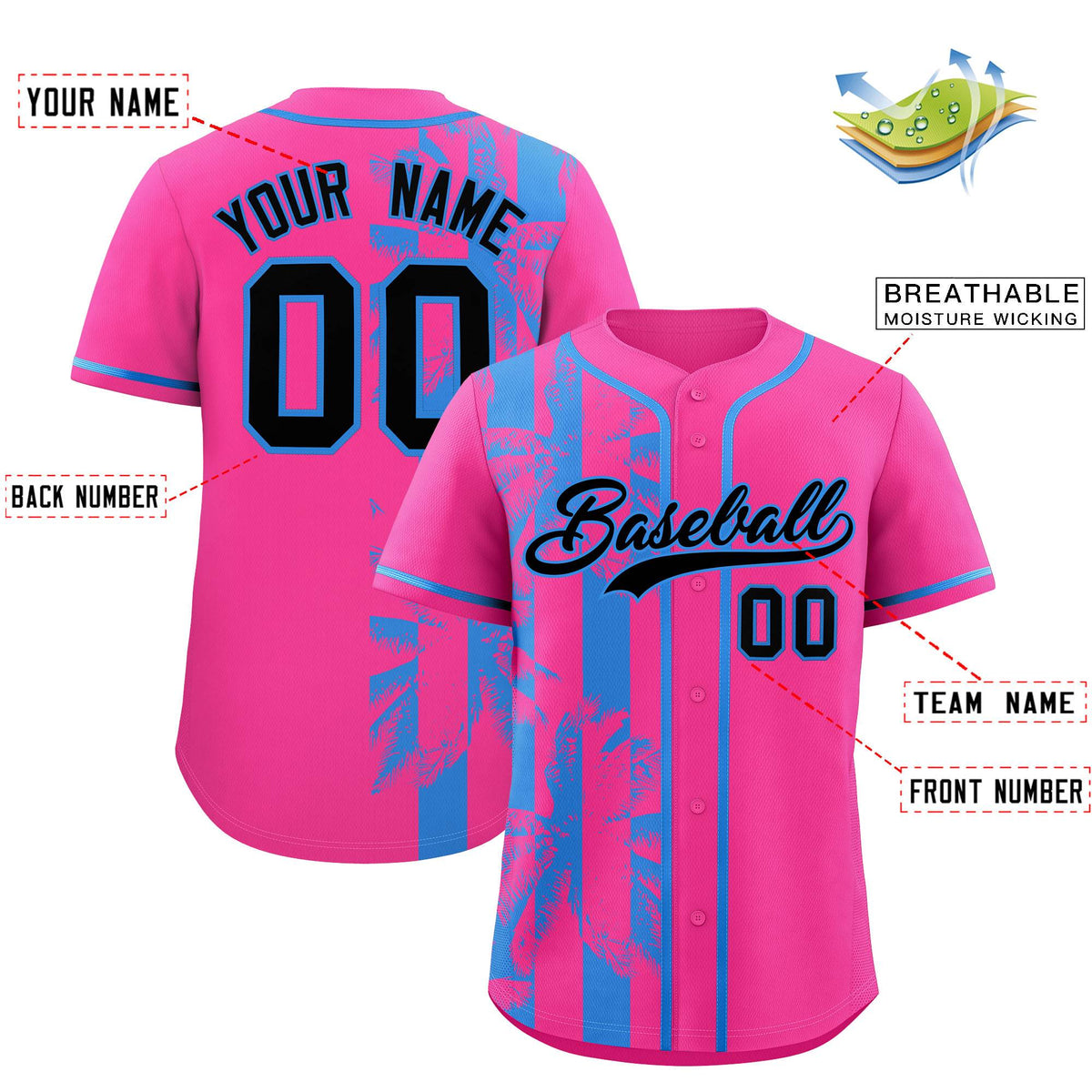 Custom Pink Powder Blue Split Fashion Coconut Tree Design Authentic Baseball Jersey| KXKSHOP