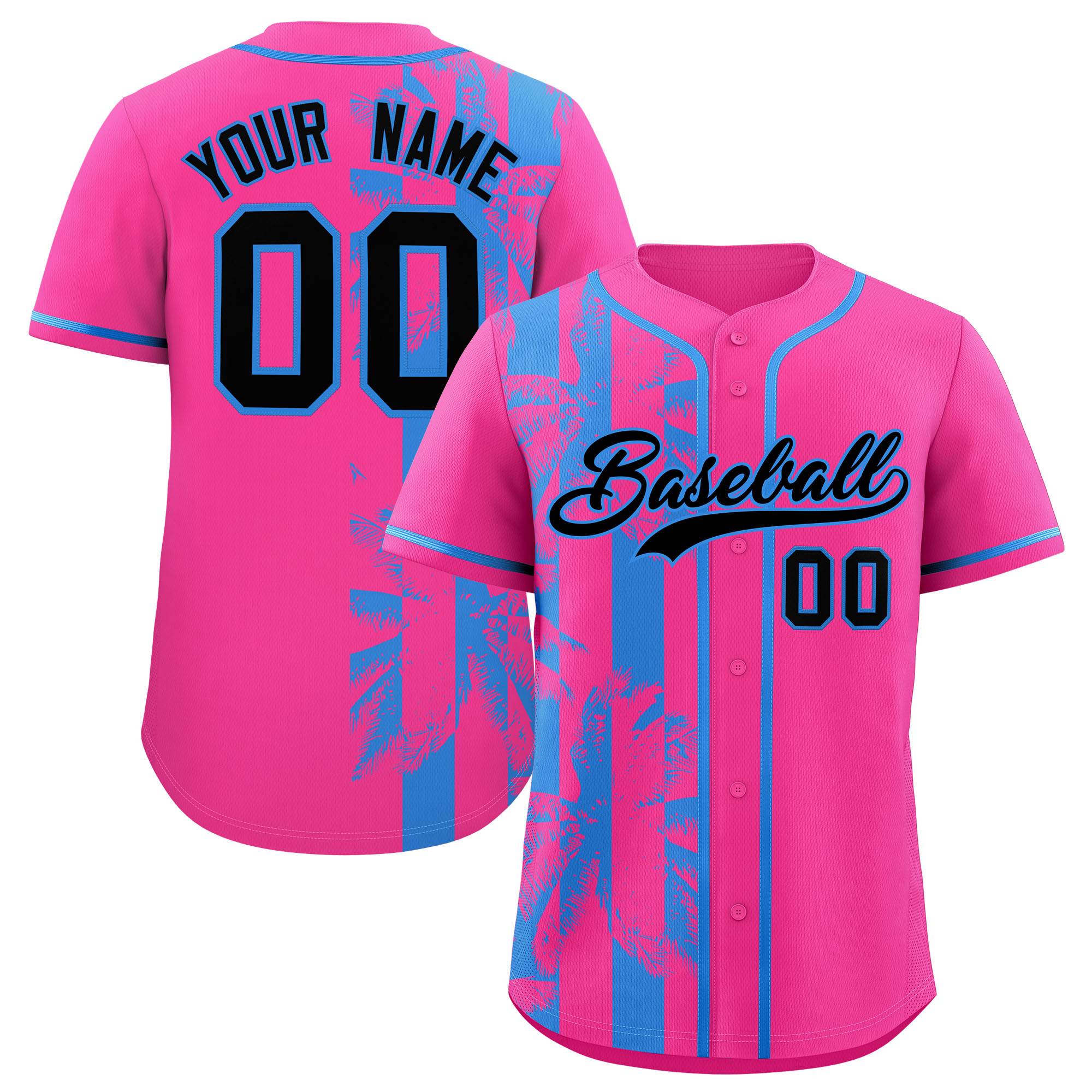 Custom Pink Powder Blue Split Fashion Coconut Tree Design Authentic Baseball Jersey| KXKSHOP