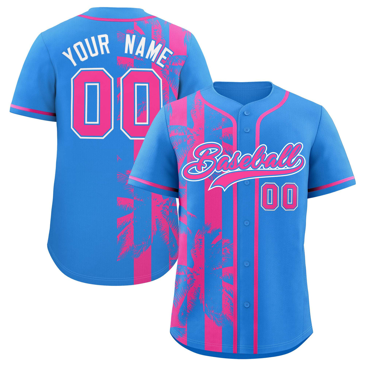 Custom Powder Blue Pink Split Fashion Coconut Tree Design Authentic Baseball Jersey| KXKSHOP