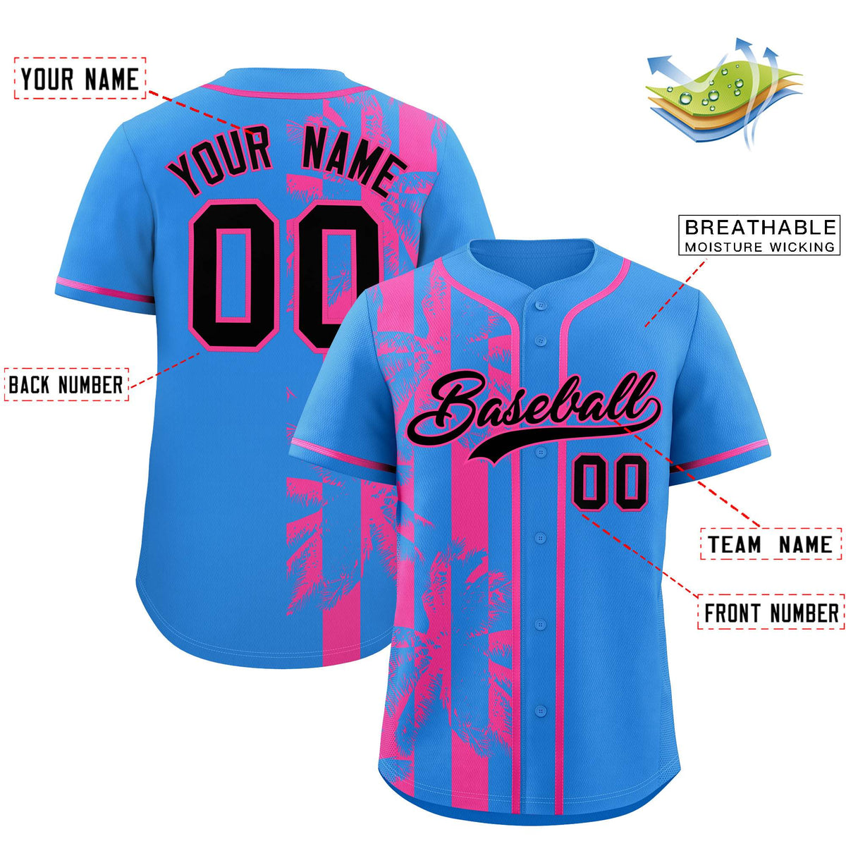 Custom Powder Blue Pink Split Fashion Coconut Tree Design Authentic Baseball Jersey| KXKSHOP