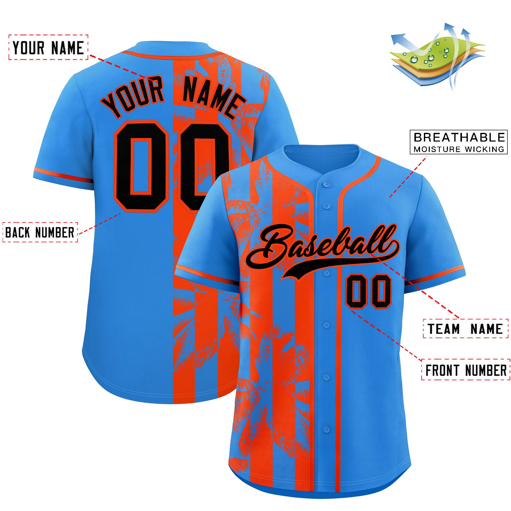 Custom Powder Blue Orange Split Fashion Coconut Tree Design Authentic Baseball Jersey| KXKSHOP