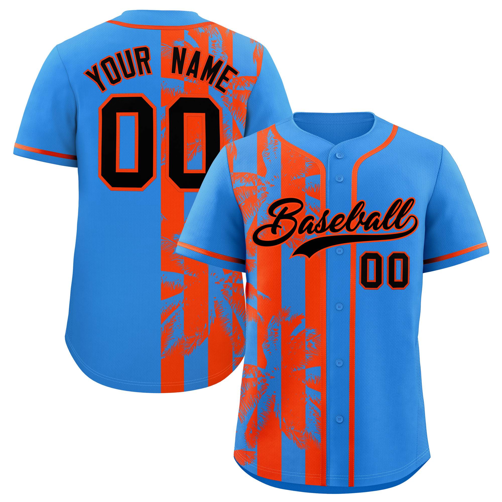 Custom Powder Blue Orange Split Fashion Coconut Tree Design Authentic Baseball Jersey| KXKSHOP