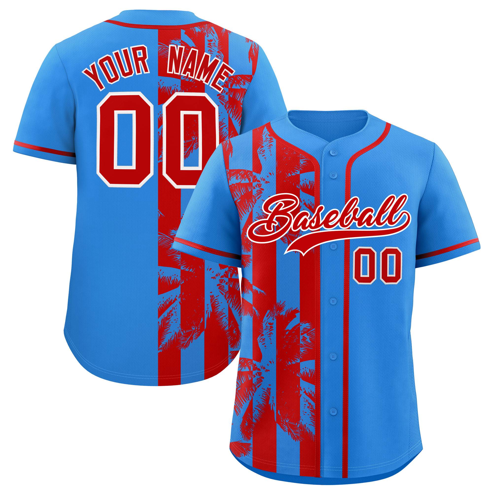 Custom Powder Blue Red Split Fashion Coconut Tree Design Authentic Baseball Jersey| KXKSHOP