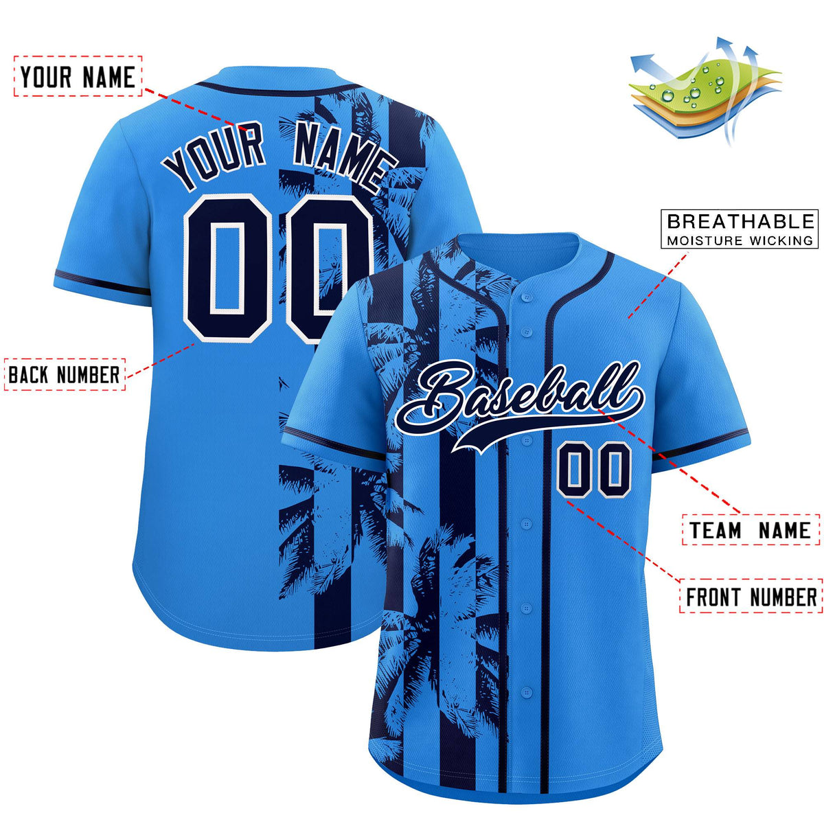 Custom Powder Blue Navy Split Fashion Coconut Tree Design Authentic Baseball Jersey| KXKSHOP
