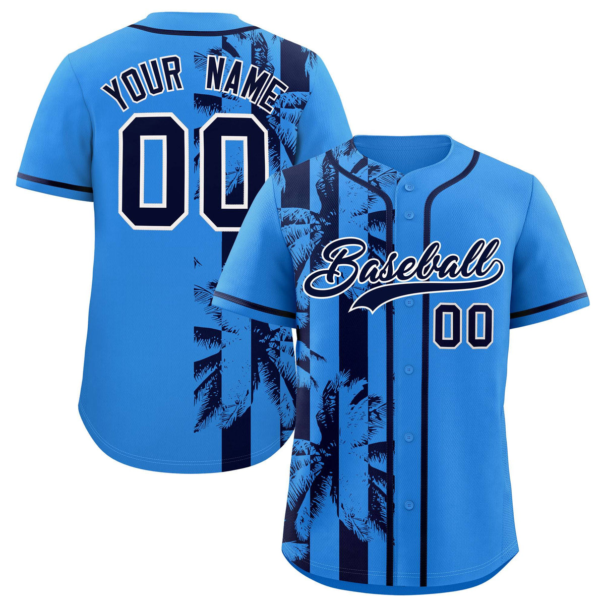 Custom Powder Blue Navy Split Fashion Coconut Tree Design Authentic Baseball Jersey| KXKSHOP