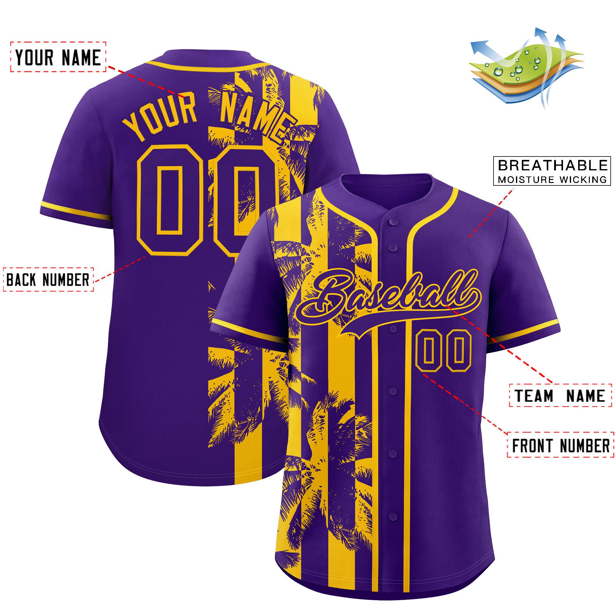 Custom Purple Yellow Split Fashion Coconut Tree Design Authentic Baseball Jersey| KXKSHOP