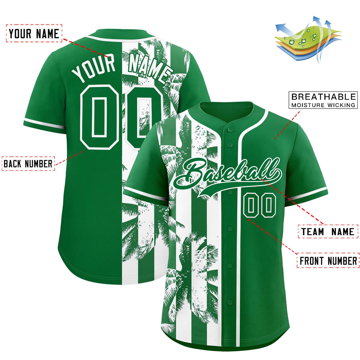 Custom Kelly Green White Split Fashion Coconut Tree Design Authentic Baseball Jersey| KXKSHOP