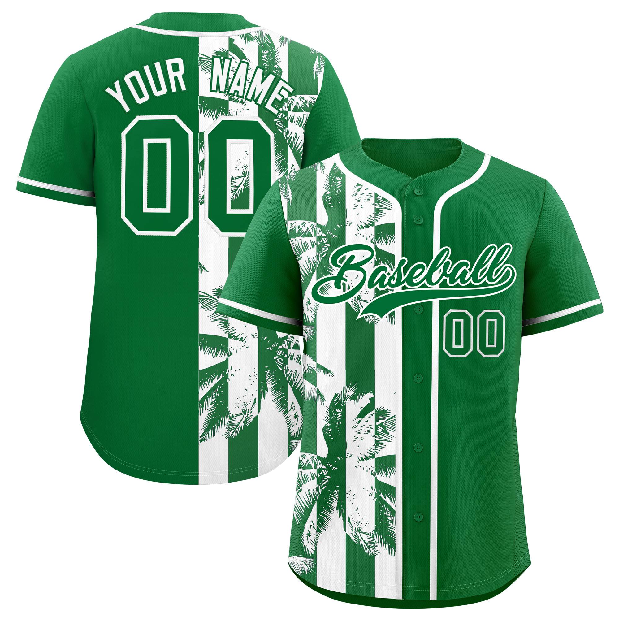 Custom Kelly Green White Split Fashion Coconut Tree Design Authentic Baseball Jersey| KXKSHOP