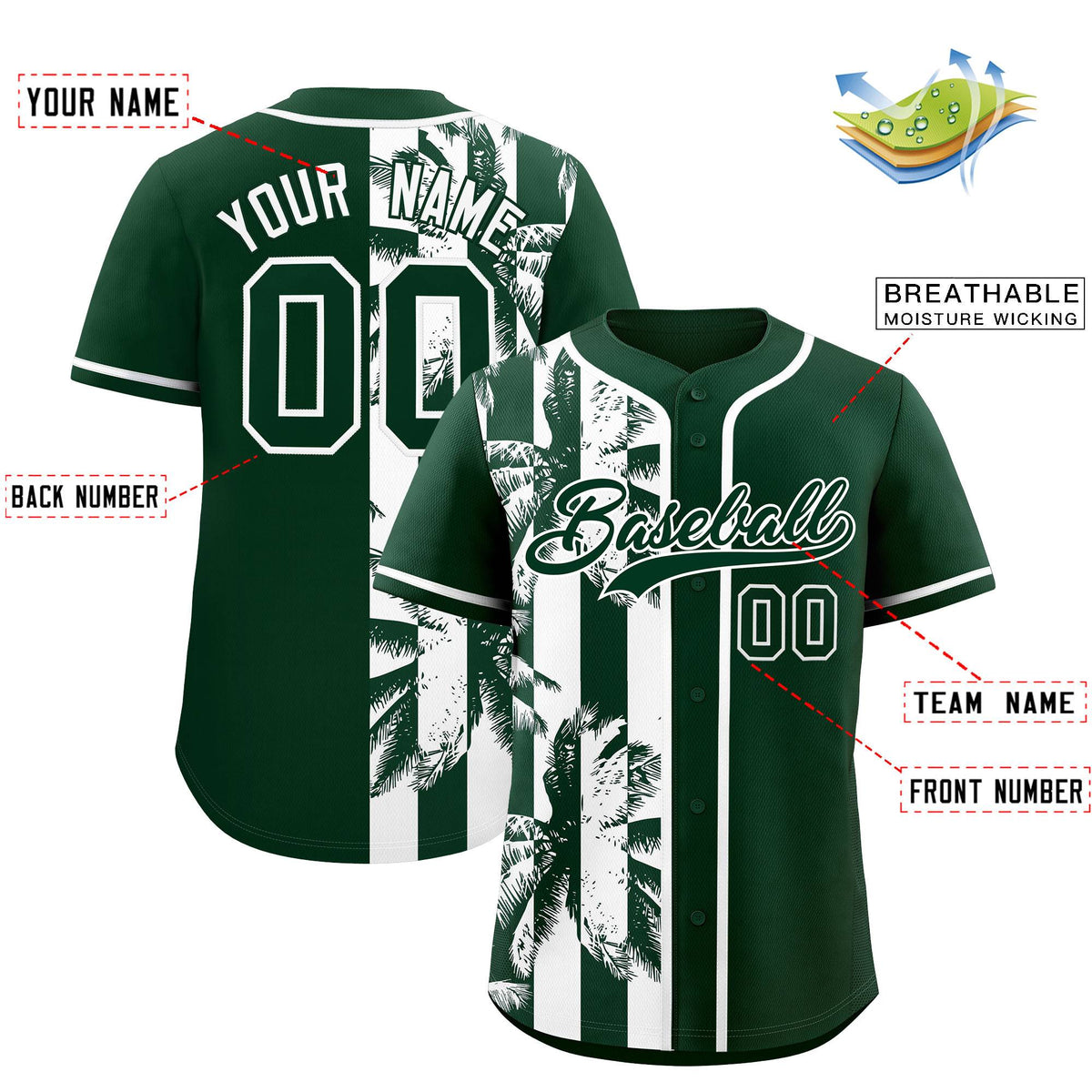 Custom Green White Split Fashion Coconut Tree Design Authentic Baseball Jersey| KXKSHOP