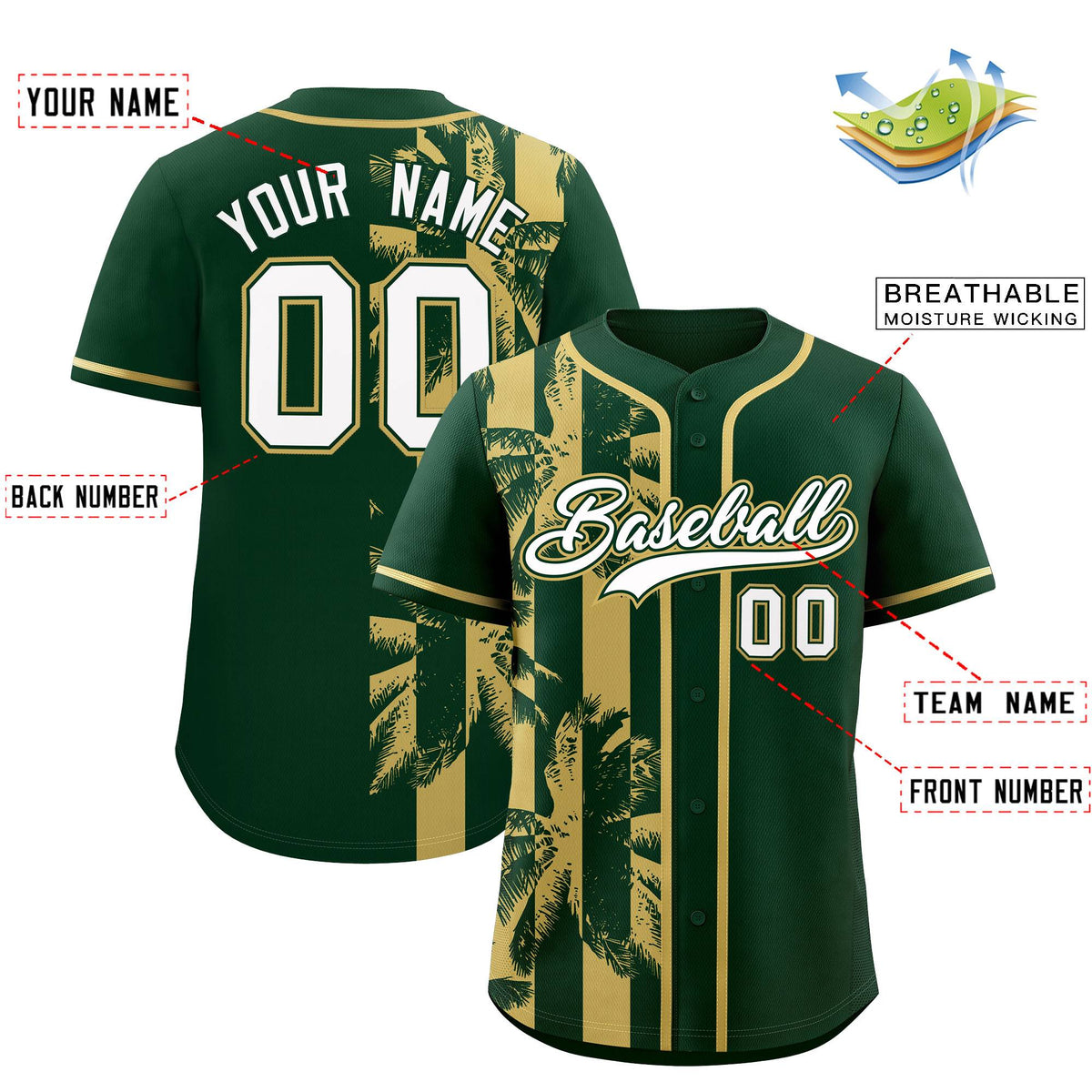 Custom Green Khaki Split Fashion Coconut Tree Design Authentic Baseball Jersey| KXKSHOP