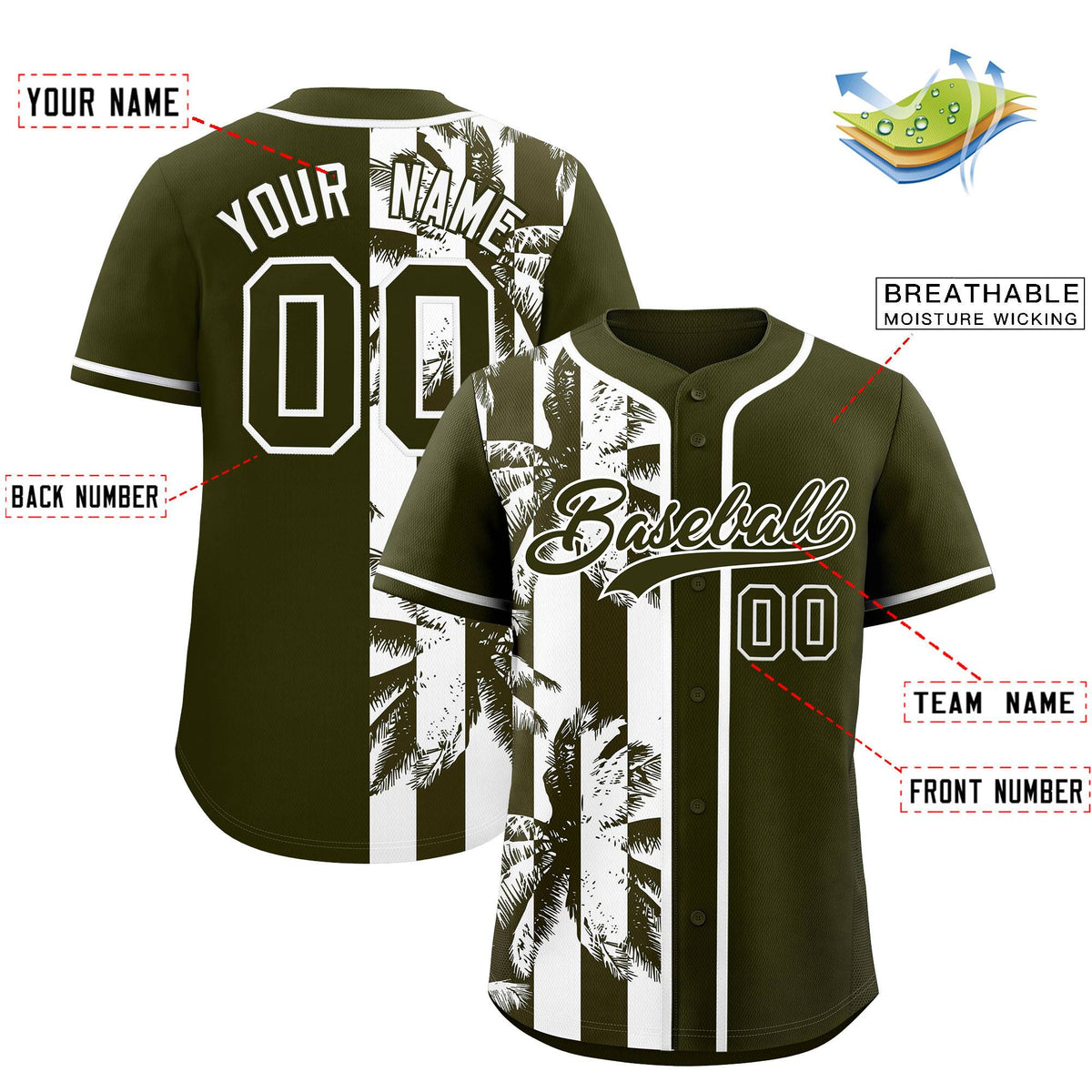 Custom Olive White Split Fashion Coconut Tree Design Authentic Baseball Jersey| KXKSHOP