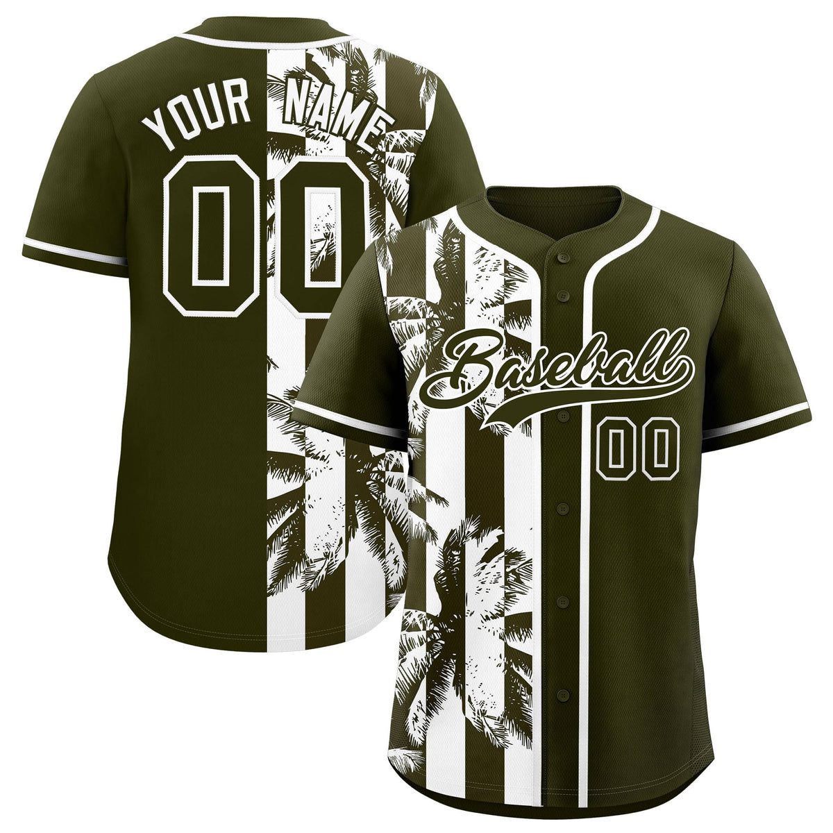 Custom Olive White Split Fashion Coconut Tree Design Authentic Baseball Jersey| KXKSHOP
