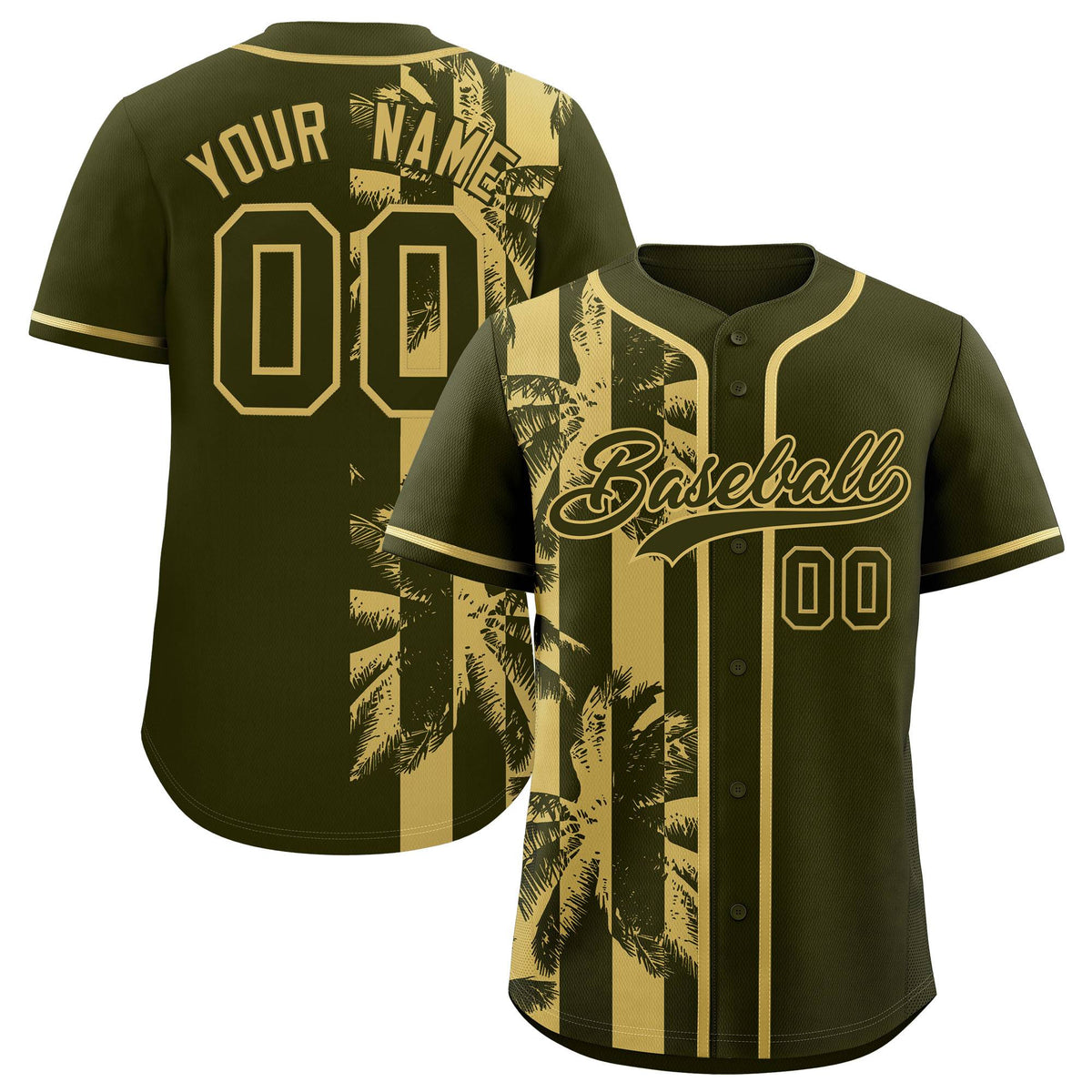 Custom Olive Khaki Split Fashion Coconut Tree Design Authentic Baseball Jersey| KXKSHOP