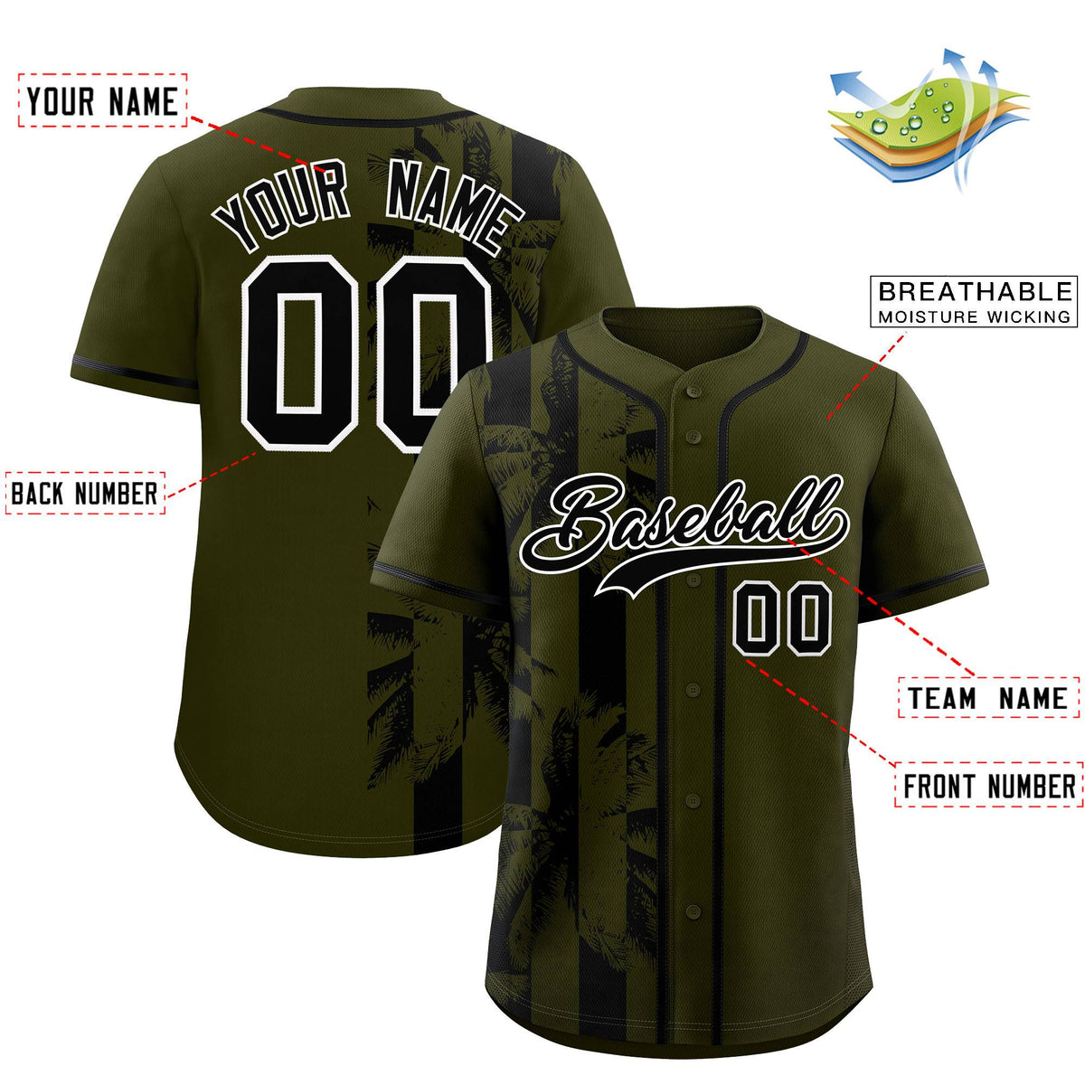 Custom Olive Black Split Fashion Coconut Tree Design Authentic Baseball Jersey| KXKSHOP